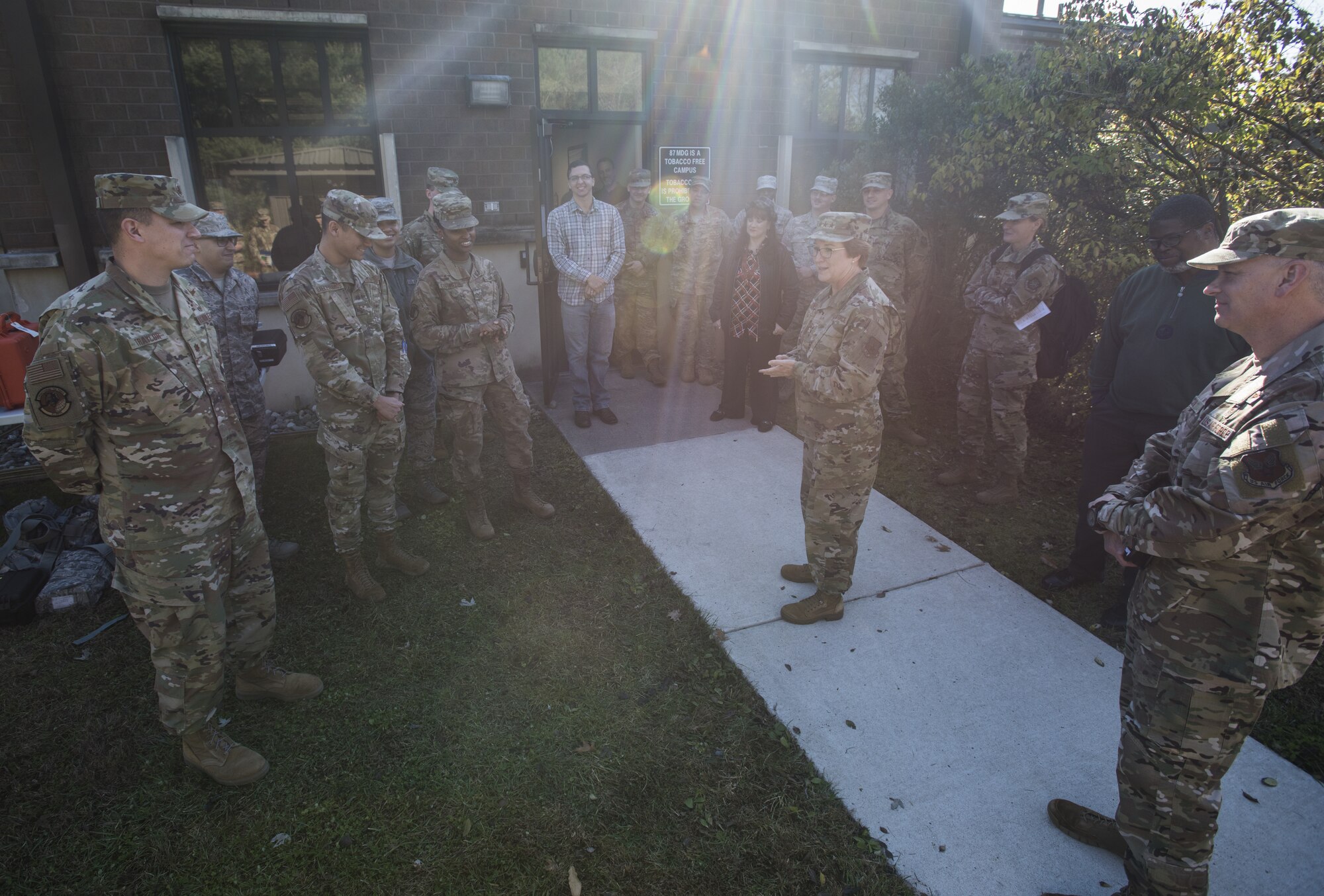 Lt. Gen. Dorothy Hogg, U.S. Air Force Surgeon General, discusses the future of military medicine with the 87th Bioenvironmental Engineering team during her tour of the 87th Medical Group at Joint Base McGuire-Dix-Lakehurst, N.J., Nov. 21, 2019. The team showed Hogg the abilities of their unit and the different situations they are typically called for. Hogg was also shown mechanical and tool parts that were 3D printed on the installation for a fraction of the cost of buying the complete tool from an outside provider. (U.S. Air Force photo by Airman 1st Class Ariel Owings)