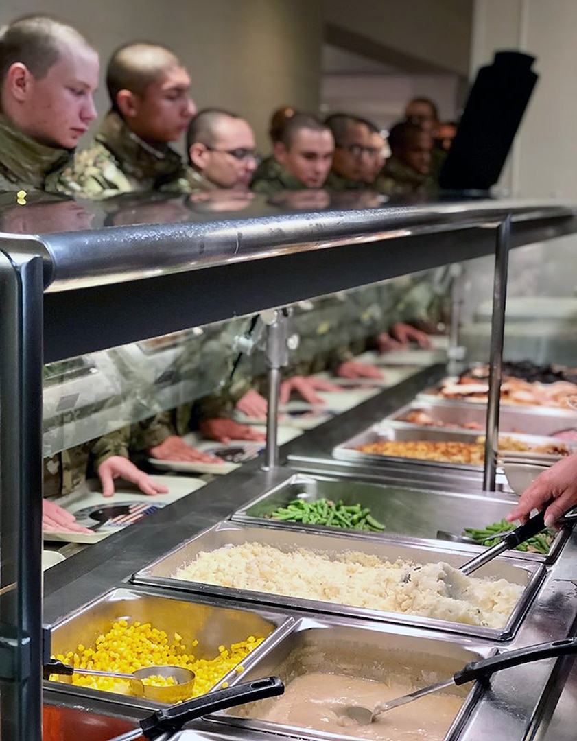 Military leaders from the 37th Training Wing donned aprons and chef hats to help serve Thanksgiving dinner to Airmen in Basic Military Training at Joint Base San Antonio-Lackland Nov. 28.