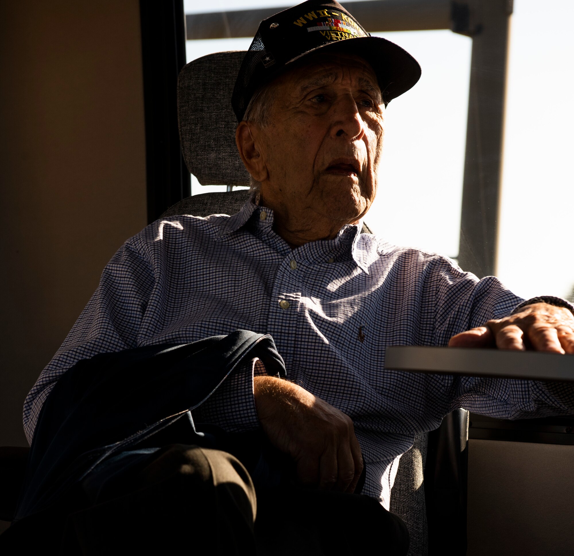 Retired U.S. Air Force Lt. Col. Daniel Daube speaks to U.S. Air Force Col. Brian Laidlaw, 325th Fighter Wing commander, at Tyndall Air Force Base, Florida, Nov. 27, 2019. Daube was a veteran of World War II, Korean, and Vietnam war, flying multiple air frames and combat missions. (U.S. Air Force photo by Staff Sgt. Magen M. Reeves)