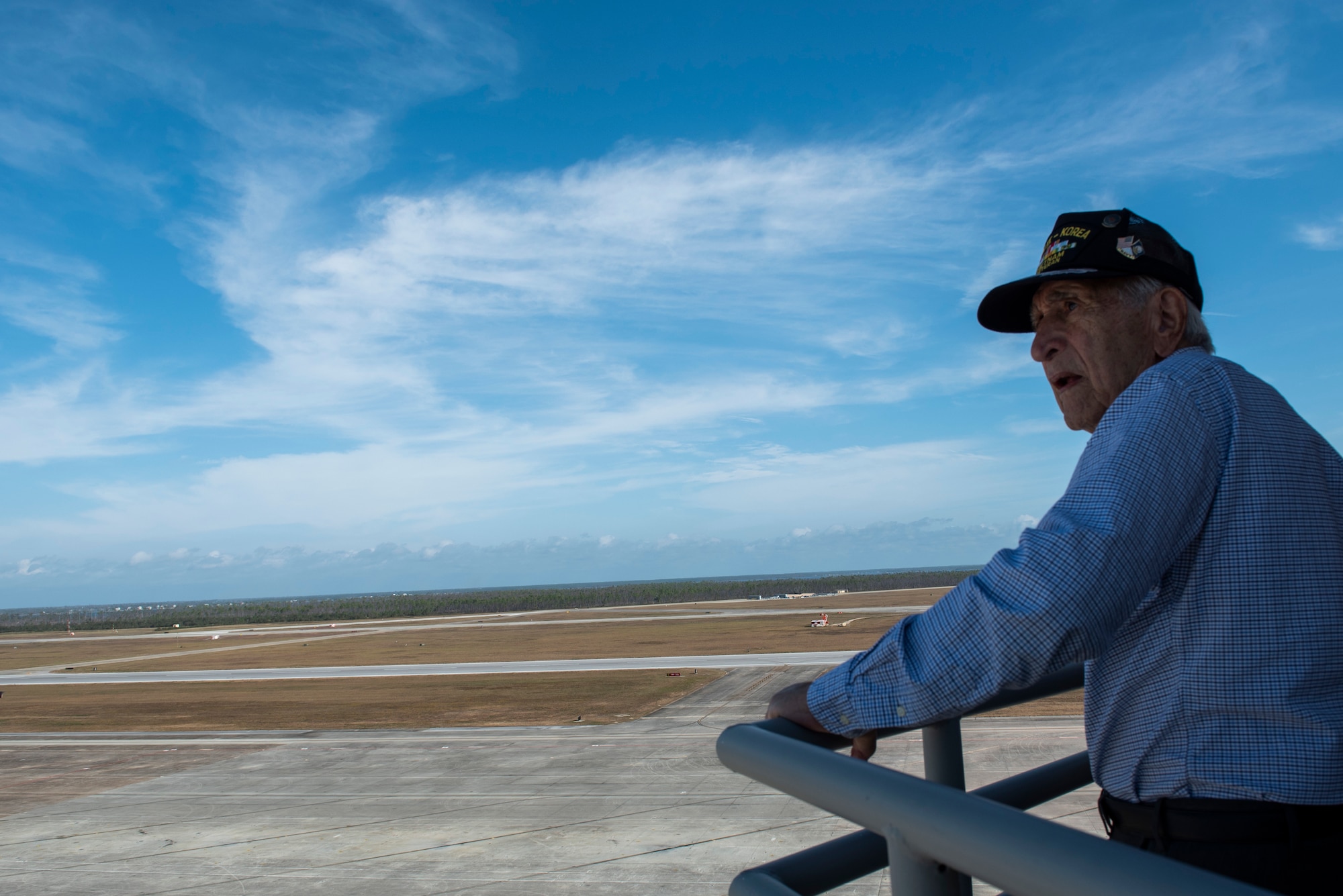 Retired U.S. Air Force Lt. Col. Daniel Daube, visited the 325th Fighter Wing air traffic control tower at Tyndall Air Force Base, Florida, Nov. 27, 2019. Daube was a veteran of World War II, Korean, and Vietnam war, flying multiple air frames and combat missions. Daube visited Tyndall's air traffic control tower and saw planes launch off the runway. (U.S. Air Force photo by Staff Sgt. Magen M. Reeves)