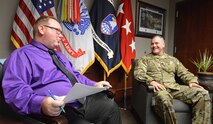 Lt. Gen. James H. Dickinson, commanding general, U.S. Army Space and Missile Defense Command, gives an outgoing interview about his time in command at Redstone Arsenal, Alabama. He served as the USASMDC commanding general as well as commander of the Joint Functional Component Command for Integrated Missile Defense from January 2017 until his Change of Command on Dec. 6, when he will leave to assume the role as the U.S. Space Command deputy commander. (U.S. Army photo by Ronald Bailey)