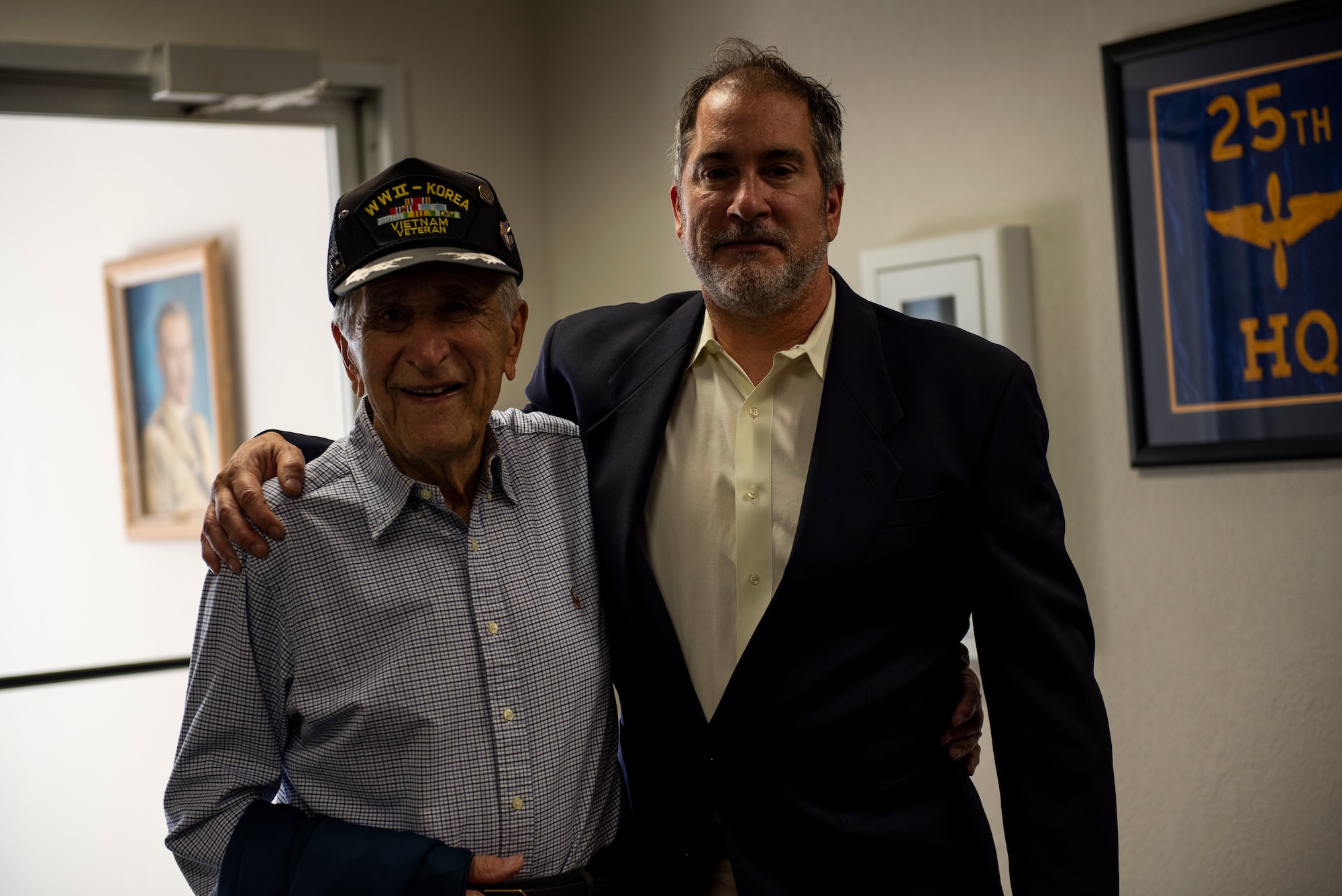 Retired U.S. Air Force Lt. Col. Daniel Daube, left, and his son Dr. Daniel Daube, right, visited Tyndall Air Force Base, Florida, Nov. 27, 2019. Daube, a veteran of World War II, Korean, and Vietnam war, visited Tyndall Air Force Base and toured multiple facilities with his son. (U.S. Air Force photo by Staff Sgt. Magen M. Reeves)