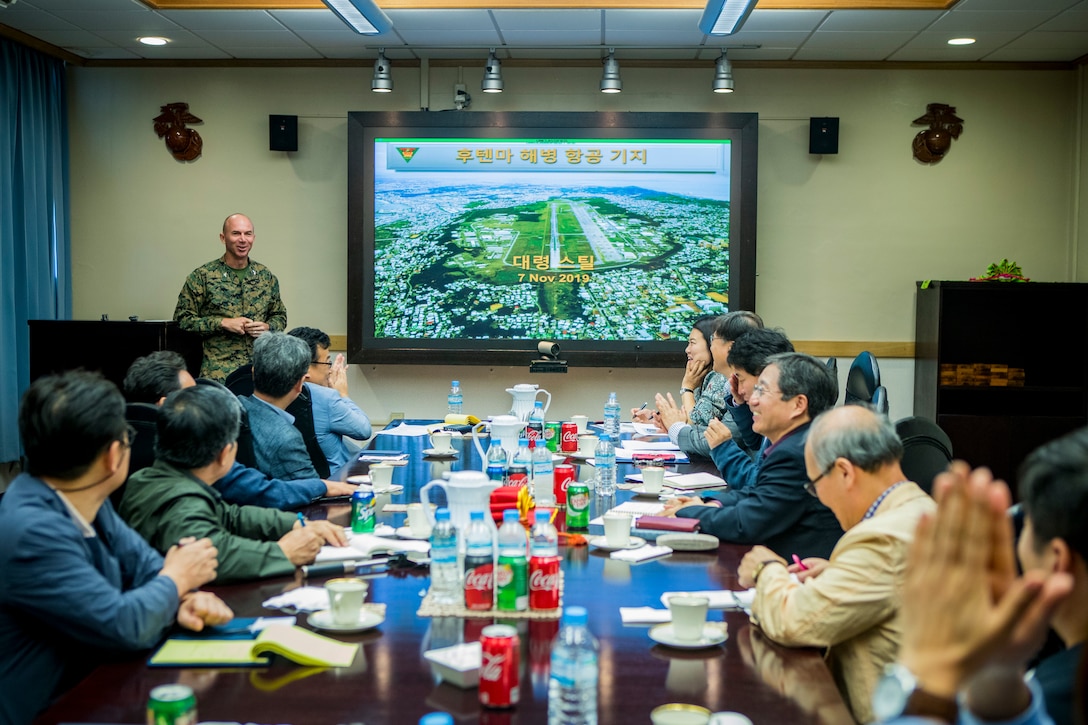 U.S. Marine Corps Col. David Steele, commanding officer of Marine Corps Air Station (MCAS) Futenma gives a brief to journalists during a base visit on Nov. 7, 2019. MCAS Futenma held the function for journalists visiting from the Republic of Korea to help build and foster friendly relations. (U.S. Marine Corps photo by Lance Cpl. Kindo Go)