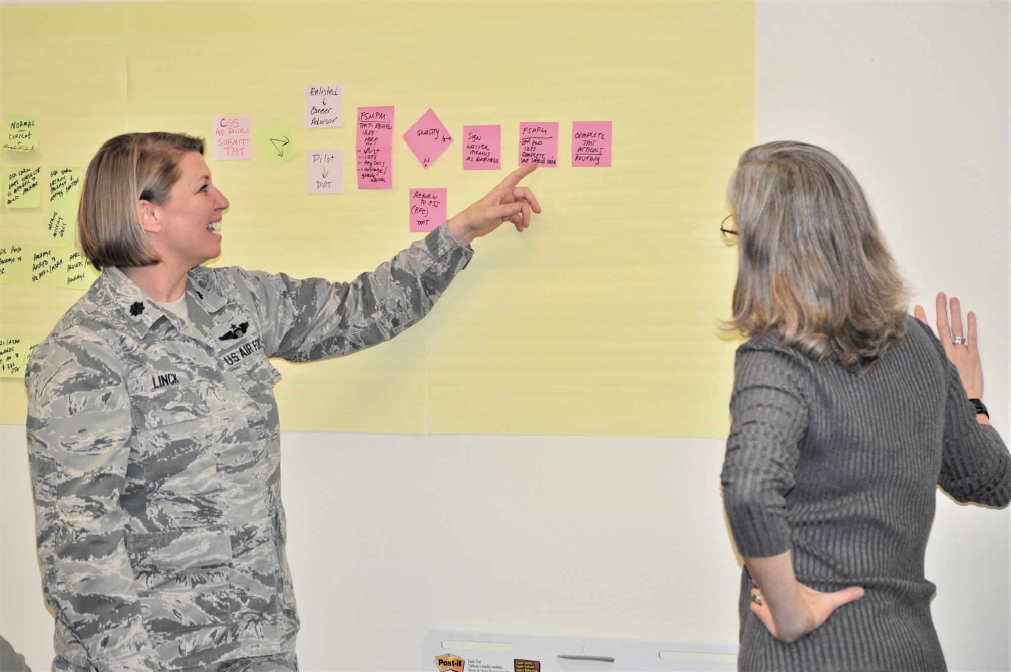 Lt. Col. Sara Linck (left) and Teresa Davies, 340th Flying Training Group process improvement managers, survey pay process road blocks during the Nov. 19-21 CPI event at Joint Base San Antonio-Randolph, Texas, to address pay issues that occur when Reserve members transition between pay statuses. (U.S. Air Force photo by Debbie Gildea)