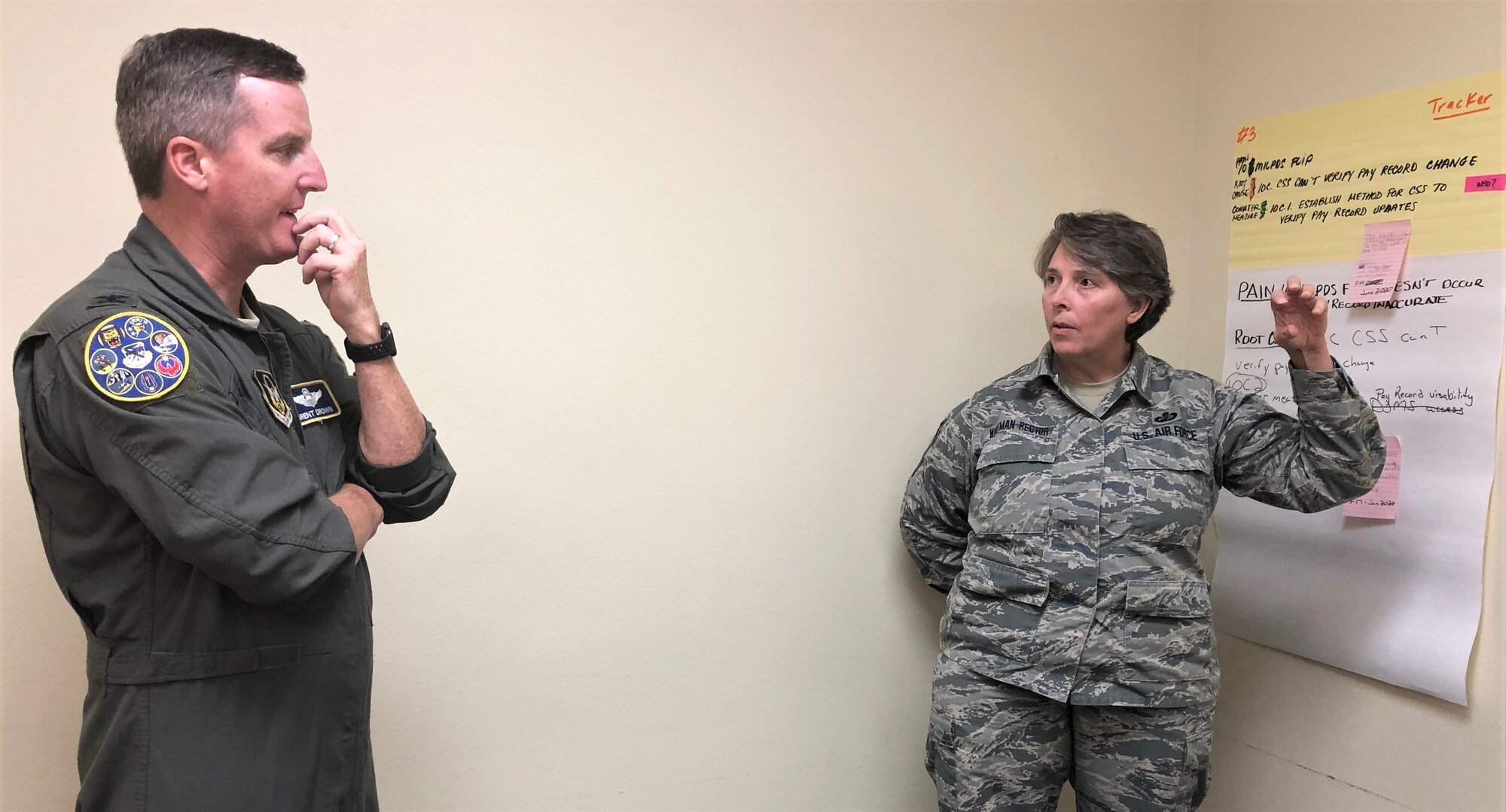 Senior Master Sgt. Amy Whitman-Rector, 340th Flying Training Group financial management superintendent, briefs Col. Brent Drown, 340th Flying Training Group deputy commander on counter measures her group devised to address pay issues that occur when Reserve members transition between pay statuses. Drown stood in for the improvement process champion, 340th FTG Commander Col. Allen Duckworth at the Nov. 19-21 event at Joint Base San Antonio-Randolph, Texas. (U.S. Air Force photo by Janis El Shabazz)