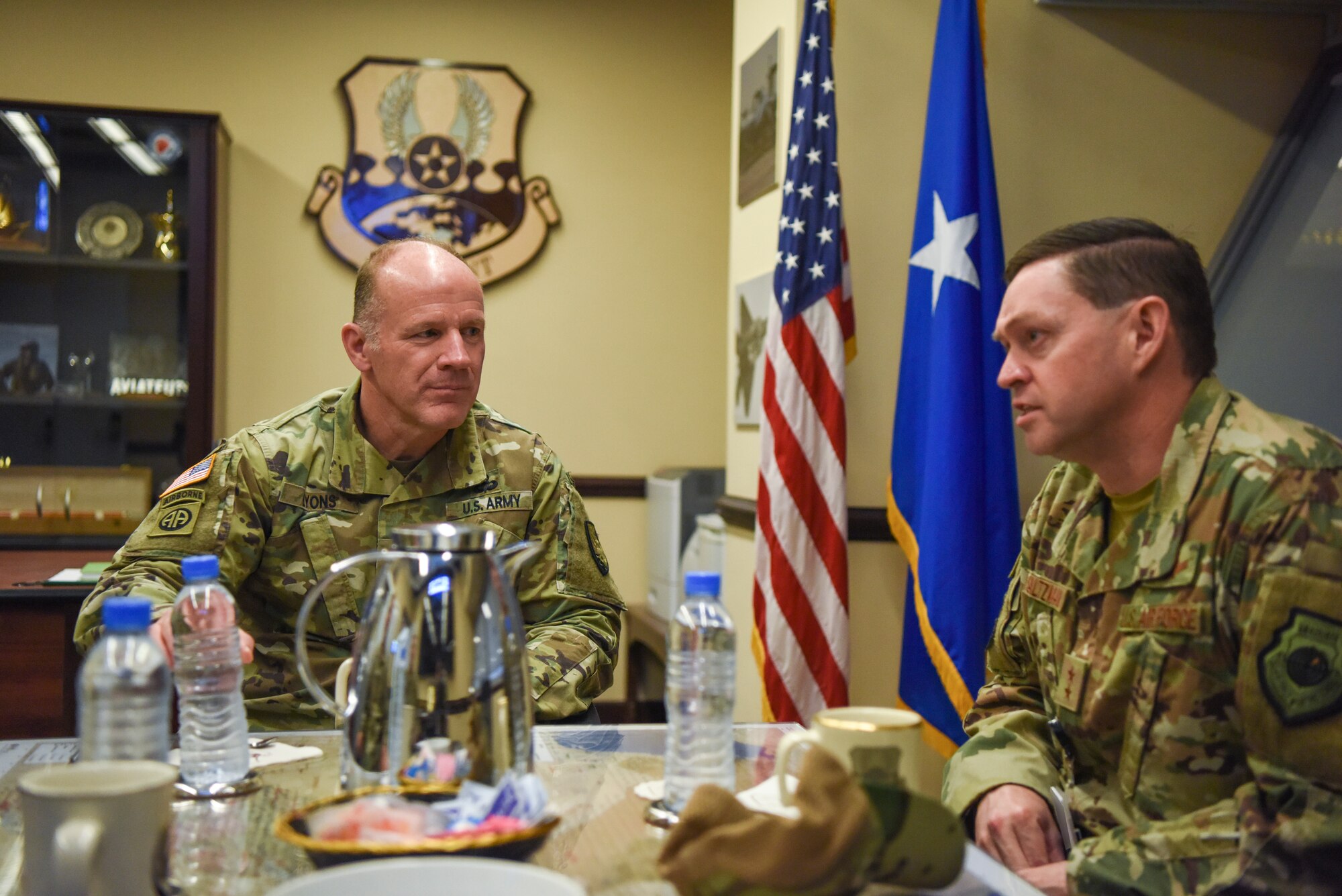 U.S. Army Gen. Stephen Lyons, U.S. Transportation Command commander, visited the Combined Air Operations Center to discuss U.S. Air Forces Central Command operations with U.S. Air Force Maj. Gen. B. Chance Saltzman, Deputy Combined Forces Air Component Commander, and other AFCENT leaders at Al Udeid Air Base, Qatar, Nov. 16, 2019.