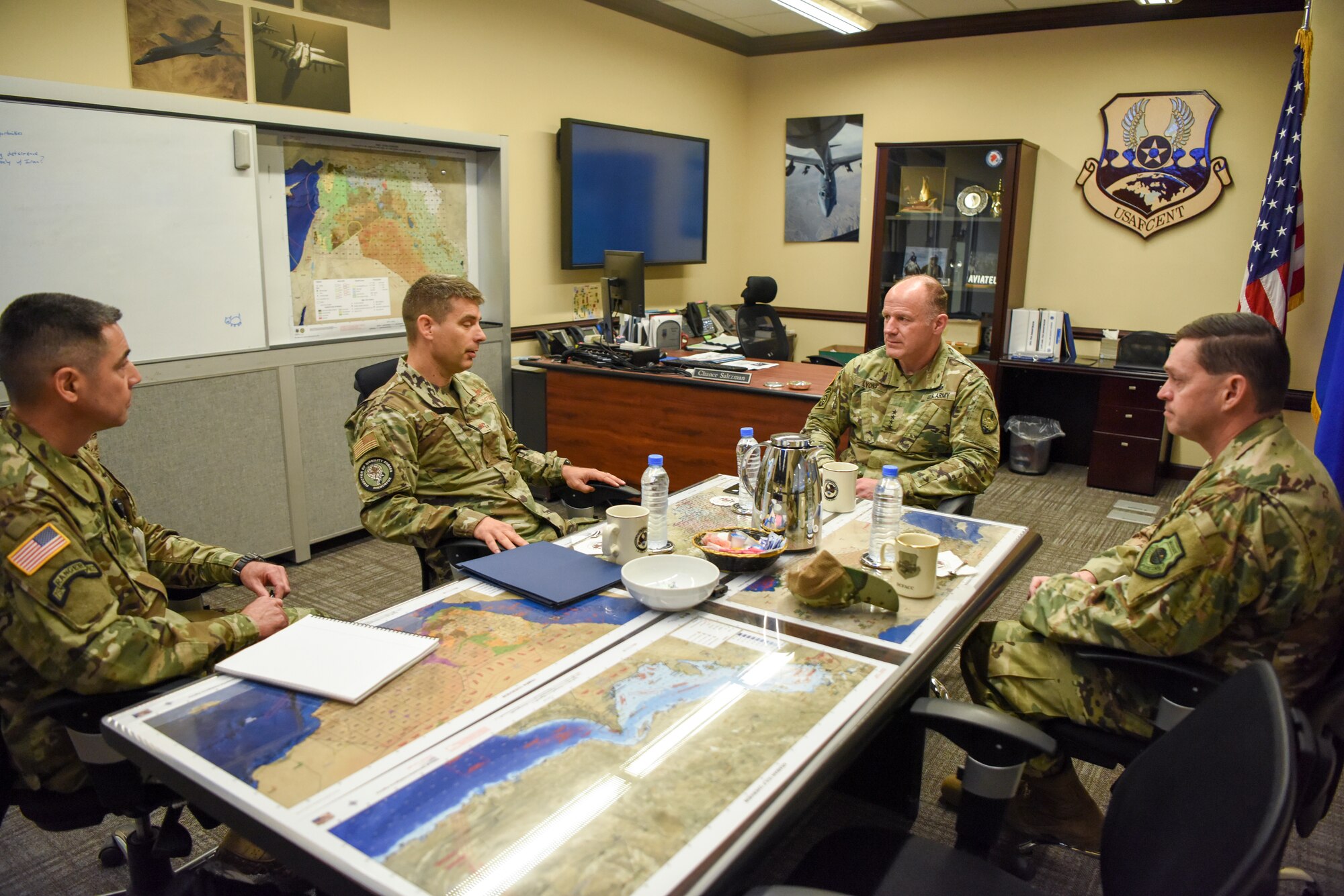 U.S. Army Gen. Stephen Lyons, U.S. Transportation Command commander, visited the Combined Air Operations Center to discuss U.S. Air Forces Central Command operations with U.S. Air Force Maj. Gen. B. Chance Saltzman, Deputy Combined Forces Air Component Commander, and other AFCENT leaders at Al Udeid Air Base, Qatar, Nov. 16, 2019.