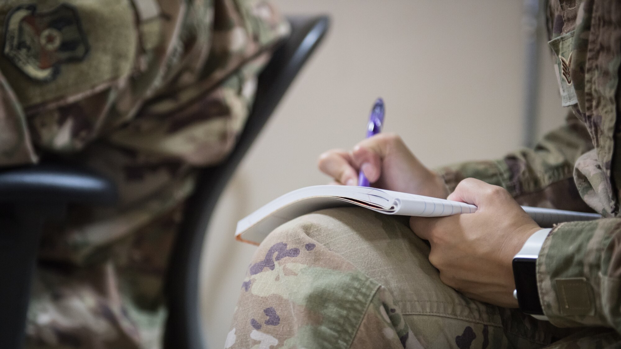 U.S. Air Force Staff Sgt. Courtney Muhl, 386th Air Expeditionary Wing occupational safety NCO-in-charge, jots down notes during a records inspection of the 386th Expeditionary Medical Group's safety programs at Ali Al Salem Air Base, Kuwait, Nov. 27, 2019. Muhl conducted an annual safety inspection of the clinic ensuring it complied with safety requirements, standards and programs. (U.S. Air Force photo by Tech. Sgt. Daniel Martinez)