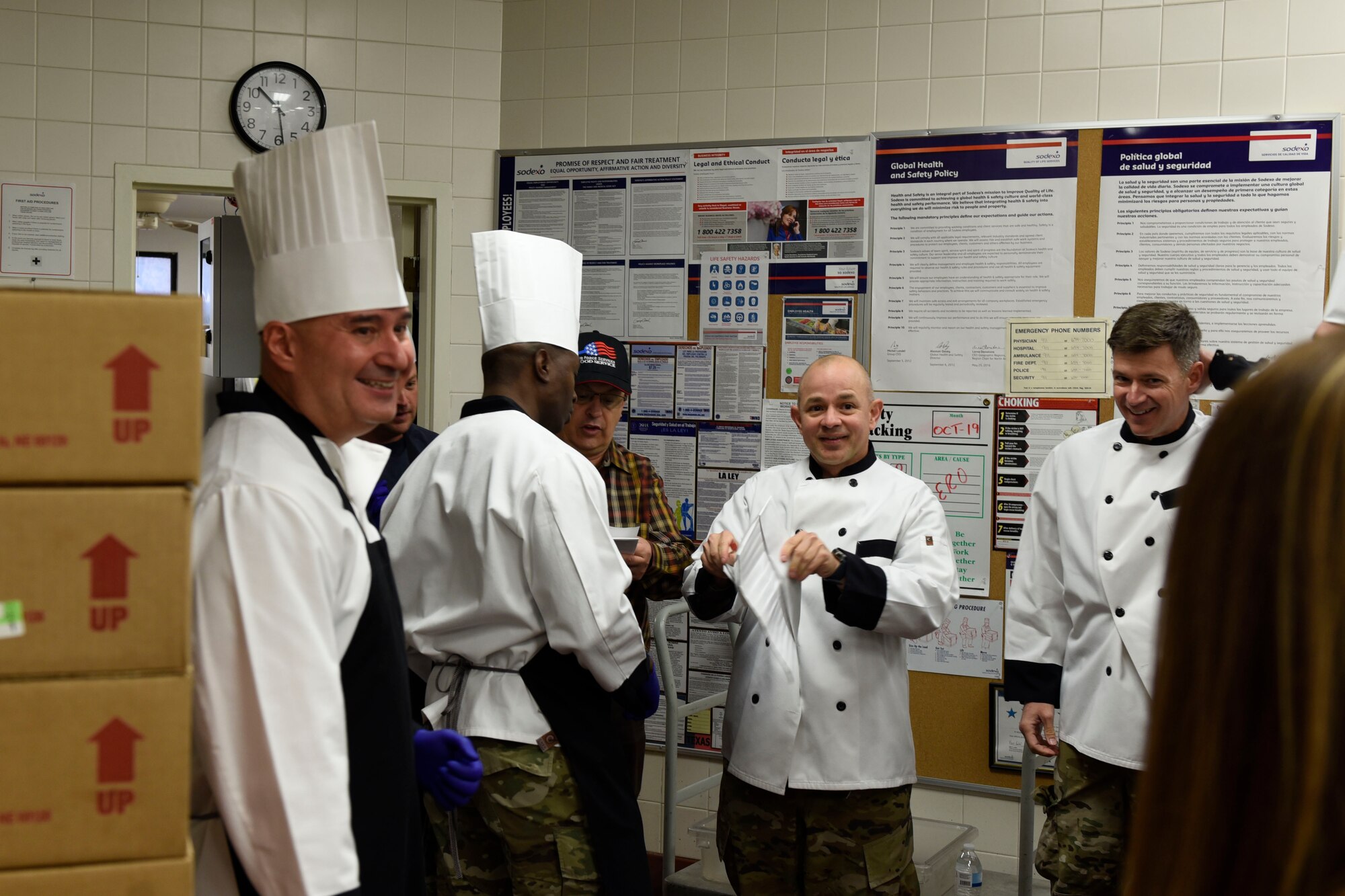 Goodfellow leadership prepares to serve food to individuals who stayed on base over the Thanksgiving holiday at the Western Winds Dining Facility Goodfellow Air Force Base, Texas, Nov. 28, 2019. Leadership from the different squadrons as well as other branches served the meals to show support for the individuals who spent their Thanksgiving away from home. (U.S. Air Force photo by Airman 1st Class Zachary Chapman/Released)