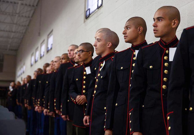Recruits with Kilo Company, 3rd Recruit Training Battalion, receive a brief during an initial uniform fitting at Marine Corps Recruit Depot, San Diego, Nov. 27, 2019.