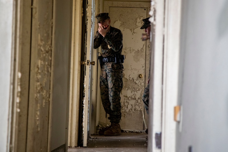 U.S. Marines Corps Lance Cpl. Johnny Olson with Camp Courtney, Provost Marshal Office, Operations, participates in an active shooter training, Camp Foster, Okinawa, Japan, Nov. 26, 2019. Marines with PMO conducted the training to ensure readiness and reliability in the event of an active shooter.