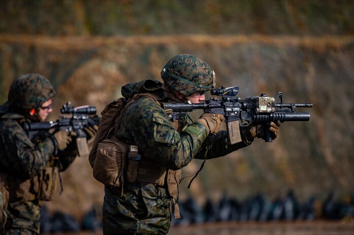 U.S. Marines with 1st Battalion, 25th Marine Regiment, currently assigned to 4th Marine Regiment, 3rd Marine Division, under the Unit Deployment Program, conduct a combat marksmanship range during Forest Light Middle Army in Aibano Training Area, Shiga, Japan, Dec. 3, 2019. Forest Light Middle Army is an annual training exercise that is designed to enhance the collective defense capabilities of the United States and Japan Alliance by allowing infantry units to maintain their lethality and proficiency in infantry and combined arms tactics.