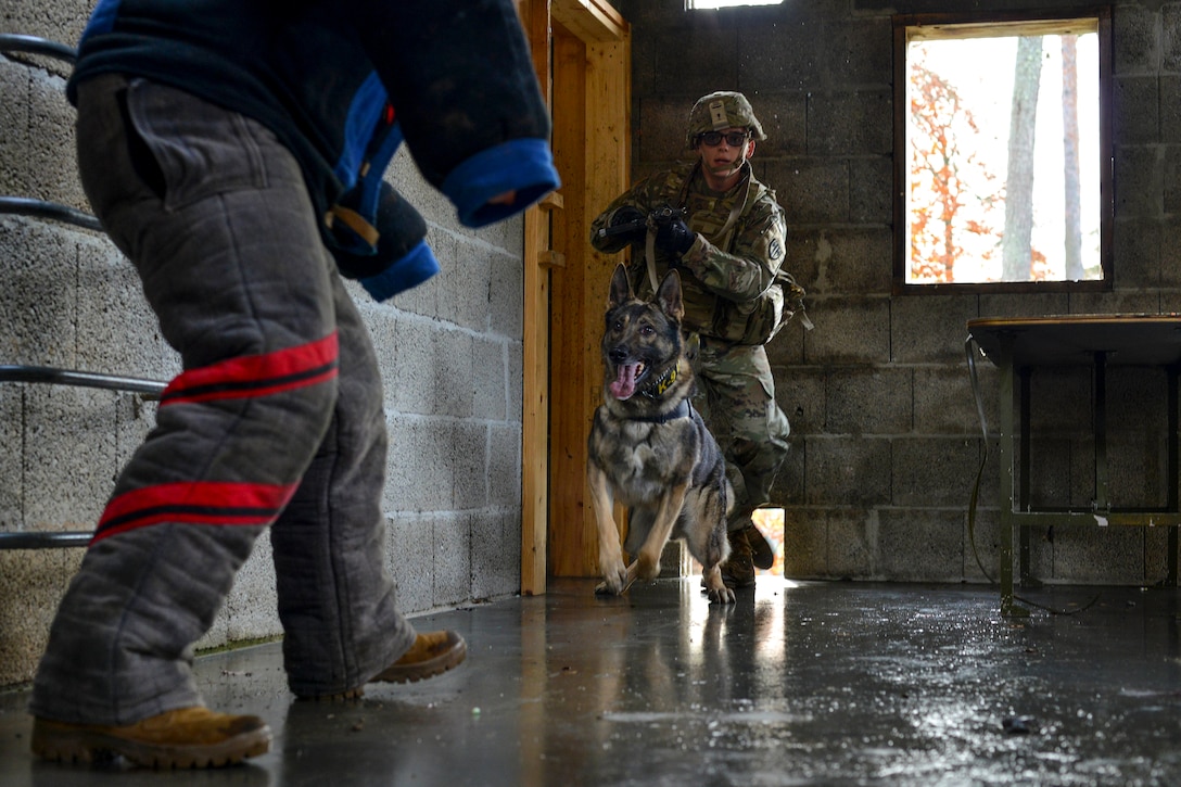 A soldier and military working dog approach a person in a protective suit inside a building.