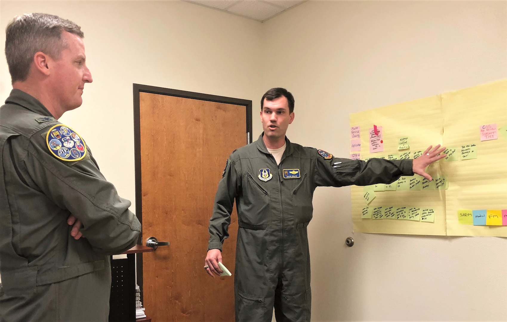 Lt. Col. David Bruce, 97th Flying Training Squadron instructor pilot at Sheppard Air Force Base, Texas, briefs Lt. Col. Brent Drown on road blocks his group identified during the Nov. 19-21 continuous process improvement event at Joint Base San Antonio-Randolph, Texas, held to address pay issues that occur when Reserve members transition between pay statuses. Drown, 340th Flying Training Group deputy commander, stood in for the improvement process champion, 340th FTG Commander Col. Allen Duckworth. (U.S. Air Force photo by Janis El Shabazz)