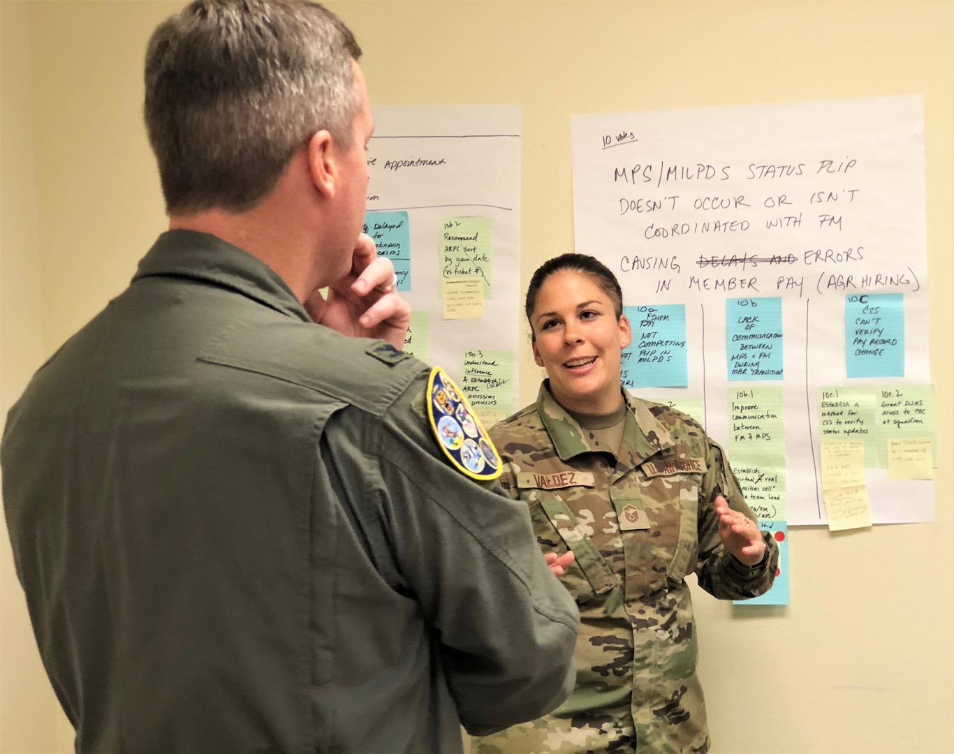 Master Sgt. Valerie Valdes, personnel programs section chief, 39th Flying Training Squadron, Joint Base San Antonio-Randolph, Texas, briefs Lt. Col. Brent Drown, 340th Flying Training Group deputy commander following the Nov. 19-21 continuous process improvement event held to address pay issues that occur when Reserve members transition between pay statuses. Drown stood in for the improvement process champion, 340th FTG Commander, Col. Allen Duckworth. (U.S. Air Force photo by Janis El Shabazz)