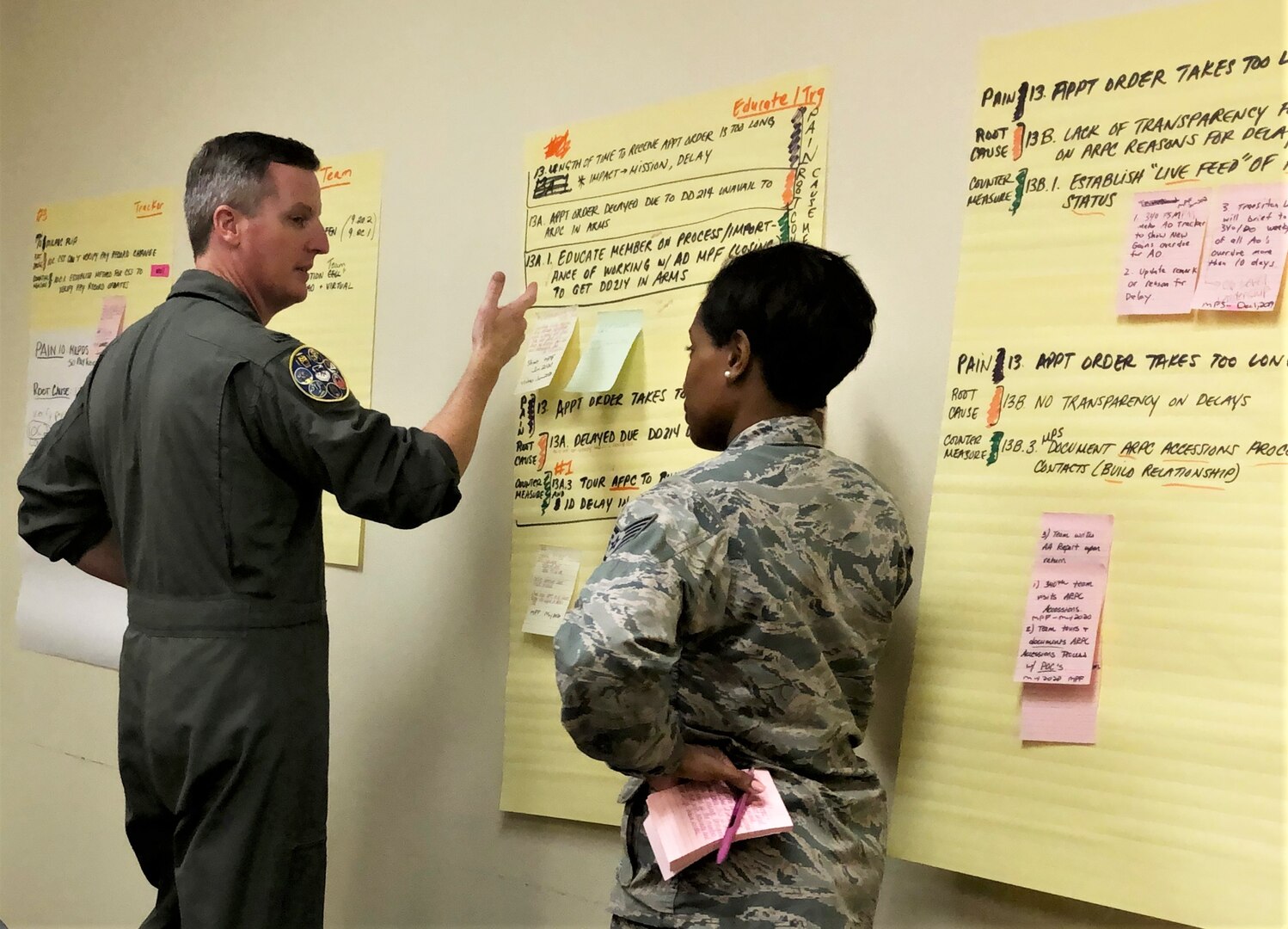 Tech. Sgt. Ecstacy Hardaway, 340th Flying Training Group force management technician, briefs Lt. Col. Brent Drown, 340th FTG deputy commander, on counter measures her group devised to address pay issues that occur when Reserve members transition between pay statuses. Drown stood in for the improvement process champion, 340th FTG Commander Col. Allen Duckworth, at the Nov. 19-21 continuous process improvement event at Joint Base San Antonio-Randolph, Texas. (U.S. Air Force photo by Janis El Shabazz)
