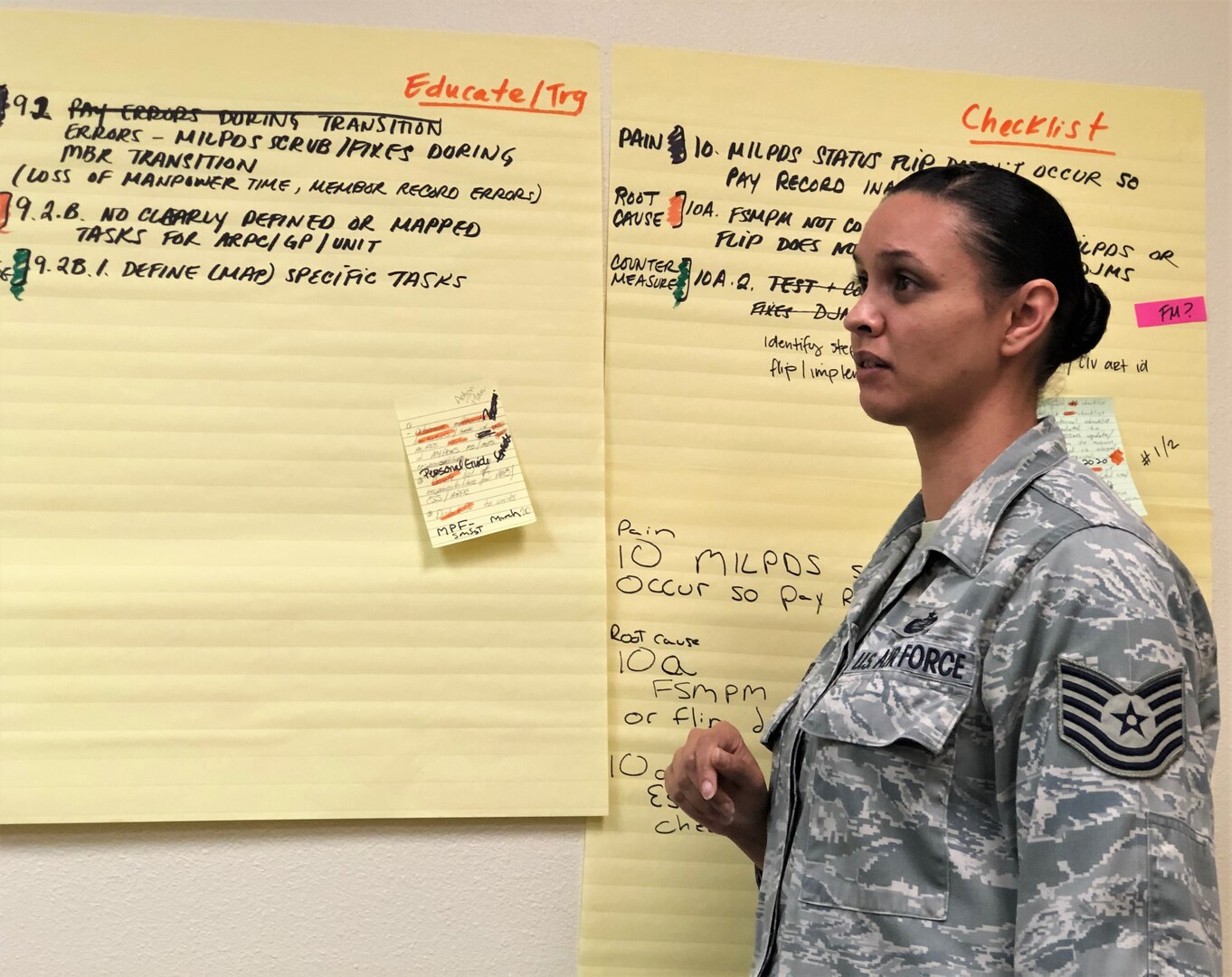 Tech. Sgt. Janina White, 340th Flying Training Group force management non-commissioned officer in charge, highlights counter measures her group devised at the Nov. 19-21 continuous process improvement event at Joint Base San Antonio-Randolph, Texas, to address pay issues that occur when Reserve members transition between pay statuses. (U.S. Air Force photo by Janis El Shabazz)