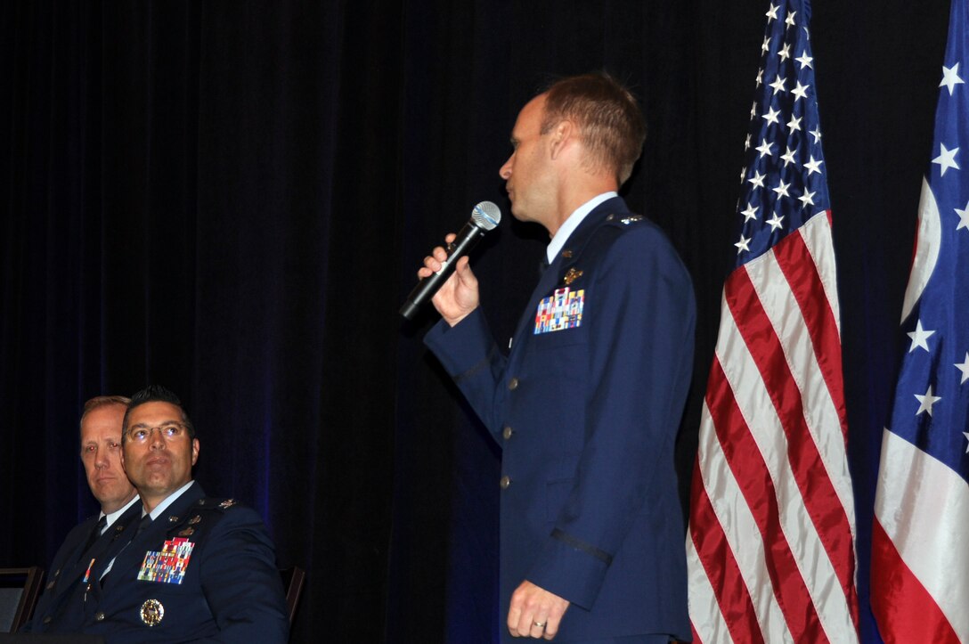 Nearly 250 attendees listen as Air Force Reserve Col. Joe Janik, commander of the 910th Airlift Wing, based at Youngstown Air Reserve Station, Ohio, addresses the group at the fourth annual Ohio Defense Forum, held at the historic Westin Great Southern Hotel Grand Ballroom here, Oct. 7, 2019.