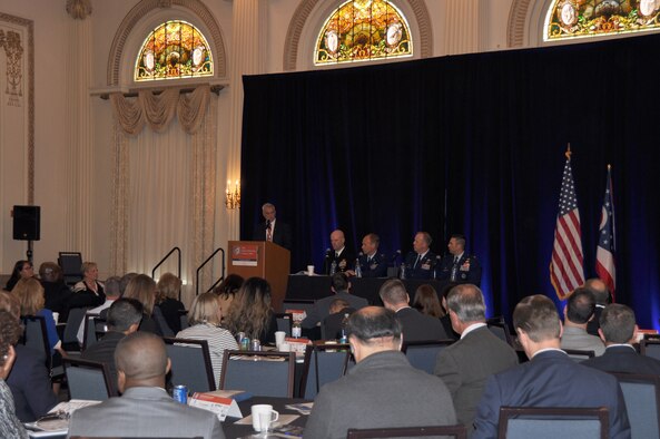 Nearly 250 attendees listen as Air Force Reserve Col. Joe Janik, commander of the 910th Airlift Wing, based at Youngstown Air Reserve Station, Ohio, addresses the group at the fourth annual Ohio Defense Forum, held at the historic Westin Great Southern Hotel Grand Ballroom here, Oct. 7, 2019.