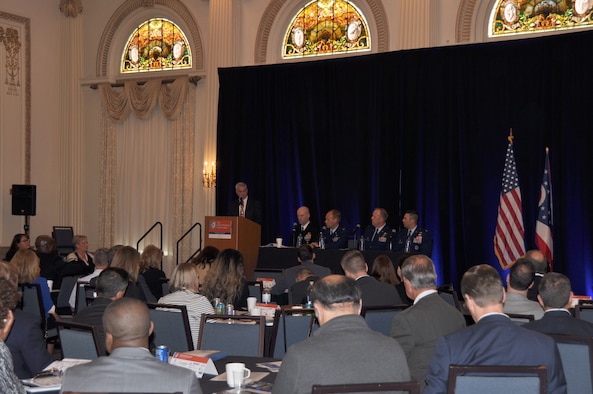 Nearly 250 attendees listen as Air Force Reserve Col. Joe Janik, commander of the 910th Airlift Wing, based at Youngstown Air Reserve Station, Ohio, addresses the group at the fourth annual Ohio Defense Forum, held at the historic Westin Great Southern Hotel Grand Ballroom here, Oct. 7, 2019.