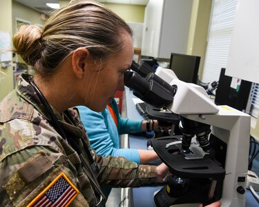 U.S. Army Capt. Jennifer Brogie, the officer in charge assigned to the Joint Base Charleston Veterinarian Clinic, inspects a sample under a microscope at JB Charleston, S.C., Nov. 20, 2019. Some of the services the clinic provides include canine spay and neutering, dental care with or without extractions, mass removal and unfortunately when needed euthanasia. For the military working dogs, the animal care specialists keep a vigilant eye on the overall health of the K-9s and ensure they’re getting a proper diet as well perform their periodic checkups. (U.S. Air Force photo by Senior Airman Cody R. Miller)