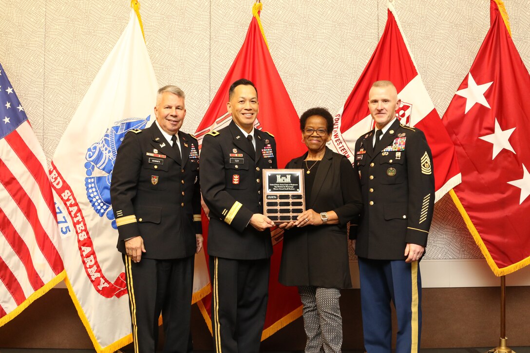 Lt. Gen. Todd Semonite, the 54th Chief of Engineers and Commanding General of the U.S. Army Corps of Engineers (USACE), and USACE Command Sgt. Major Bradley Houston present the Top Small Business Division award to Maj. Gen. Mark Toy, MVD Commanding General, and Marlan Snodgrass, MVD Assistant Director, Office of Small Business Programs, during the 2019 Society of American Military Engineers (SAME) Small Business Conference in Dallas, Texas, Dec. 3, 2019.