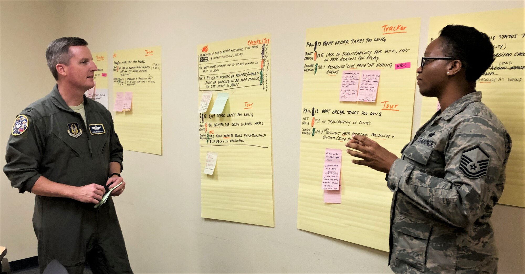 Master Sgt. Aisha Thomas, 340th Flying Training Group career advisor, briefs Lt. Col. Brent Drown, 340th FTG deputy commander on counter measures her group devised to address pay issues that occur when Reserve members transition between pay statuses. Drown stood in for the improvement process champion, 340th FTG Commander Col. Allen Duckworth at the Nov. 19-21 continuous process improvement event at Joint Base San Antonio-Randolph, Texas. (U.S. Air Force photo by Janis El Shabazz)