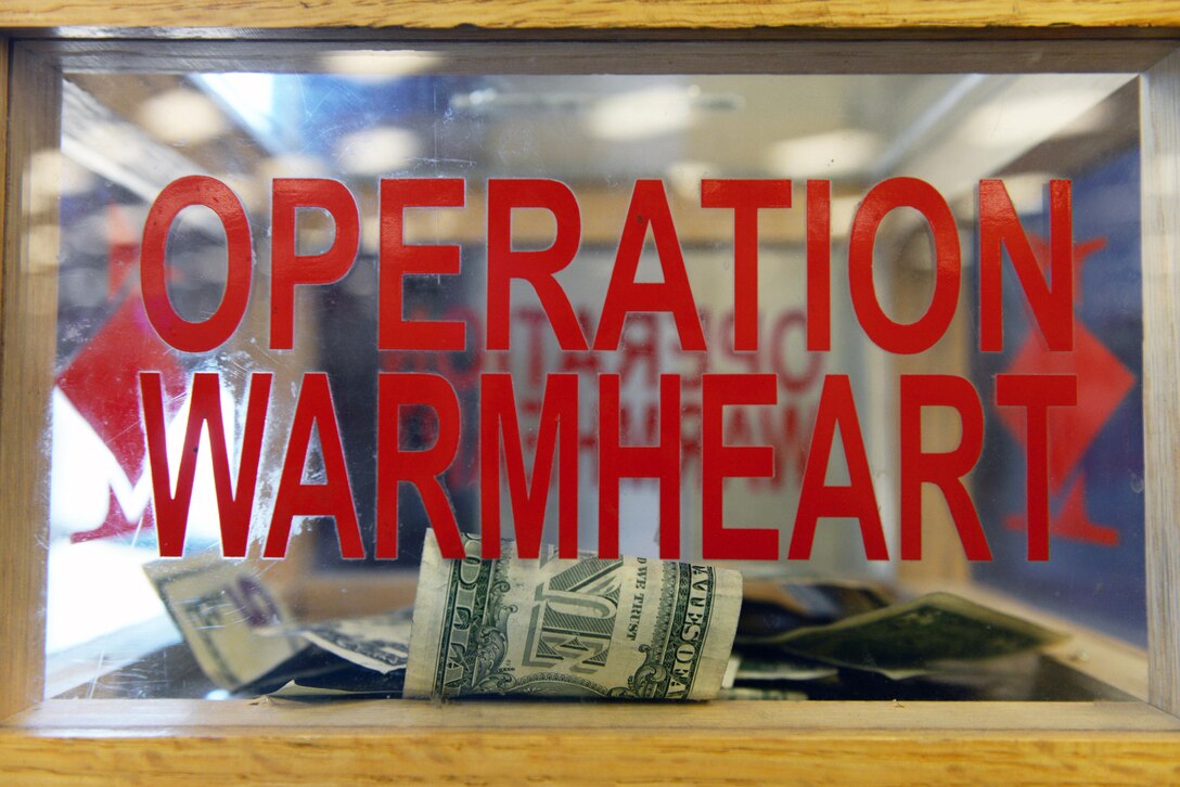 The 28th Bomb Wing First Sergeants Council has donation boxes around base where people can donate to Operation Warm Heart, a fundraiser that gives back to military members, at Ellsworth Air Force Base, S.D., Nov. 15, 2019. The money for Operation Warm Heart is used to provide assistance to civilian government employees, their families, retires and military members who need help financially. (U.S. Air Force photo by Airman Quentin K. Marx)