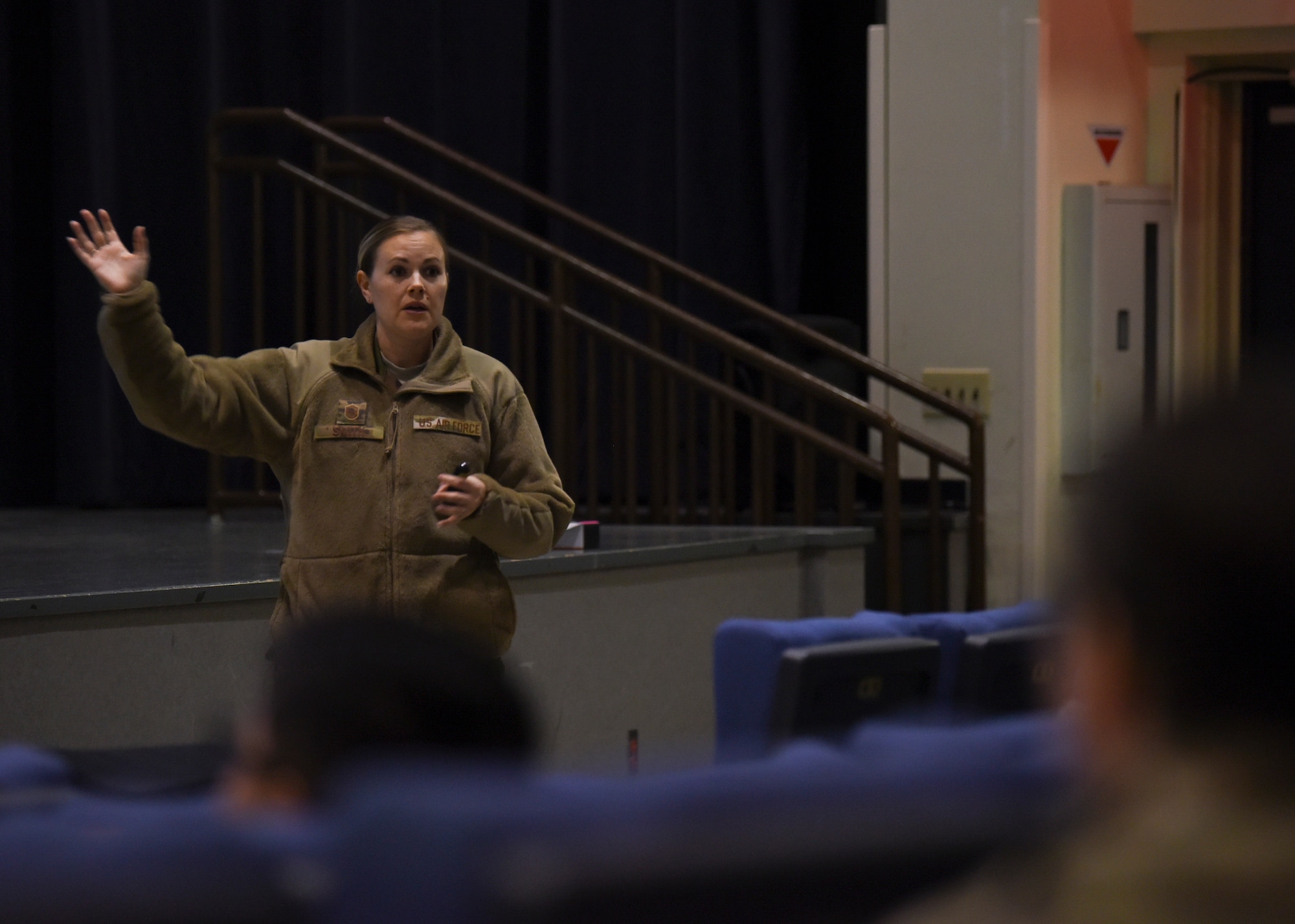 U.S. Air Force Master Sgt. Megan Smith, 8th Fighter Wing Equal Opportunity director, engages with a group of Airmen during the Korea Readiness Orientation about her office’s role at Kunsan Air Base, Republic of Korea, Nov. 26, 2019. The EO office supports more than 2,500 Wolf Pack members, both military and civilian. They ensure each service member is treated fairly, regardless of their race, color, religion, national origin, sex, gender identity, sexual orientation, age, genetic information, disability, or prior equal employment opportunity activity. (U.S. Air Force photo by Staff Sgt. Anthony Hetlage)