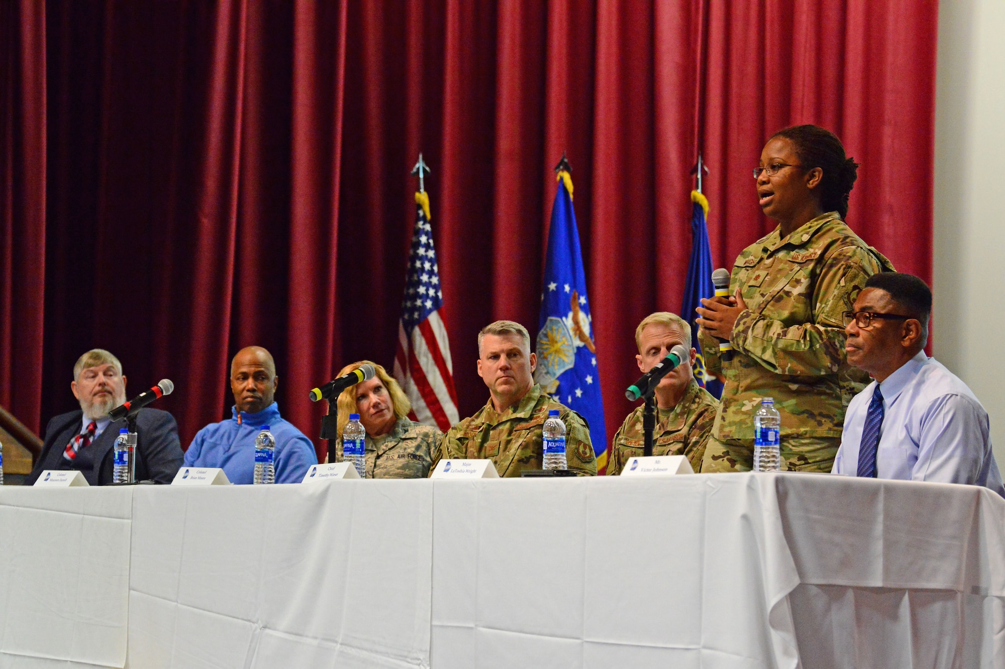 Photo shows Maj. LaToshia Wright, 78th Force Support Squadron deputy director, speaking to members of Team Robins.