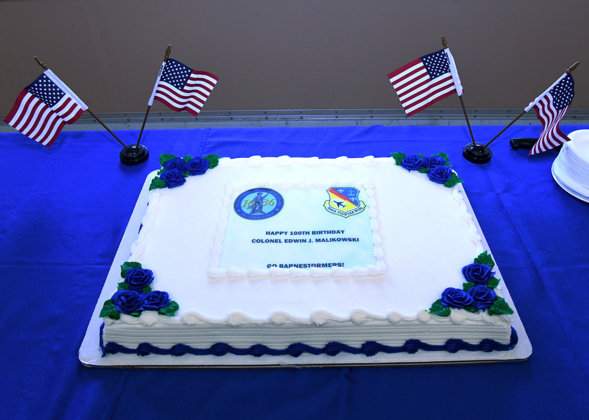 The 104th Fighter Wing threw a suprise birthday for retired Col. Edwin J. Malikowski on November 25, 2019. Malikowski turns 100 years old on November 29, 2019 and spent 39 years in service  through the Army and Air National Guard. His combat record includes service in Northern France, Ardennes- Alsace, Germany and Central Europe. (U.S. Air National Guard Photo by Airman Camille Lienau)