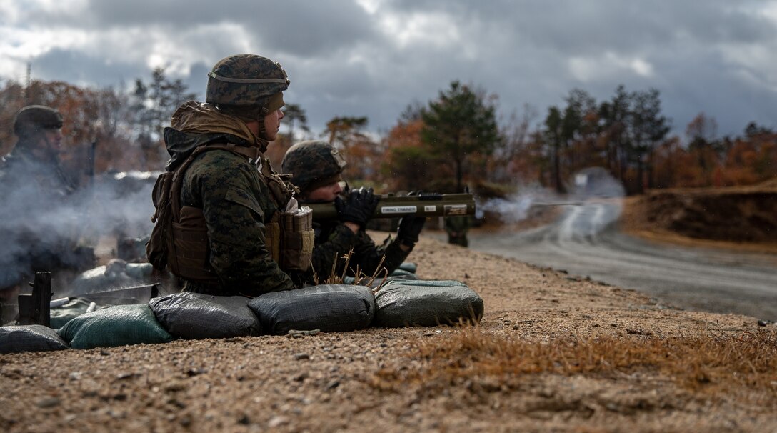 U.S. Marines with 1st Battalion, 25th Marine Regiment, currently assigned to 4th Marine Regiment, 3rd Marine Division, under the Unit Deployment Program, fire training projectiles from an M72 Light Anti-Armor Weapon during Forest Light Middle Army in Aibano Training Area, Shiga, Japan, Dec. 3, 2019. Forest Light Middle Army is an annual training exercise that is designed to enhance the collective defense capabilities of the United States and Japan Alliance by allowing infantry units to maintain their lethality and proficiency in infantry and combined arms tactics.