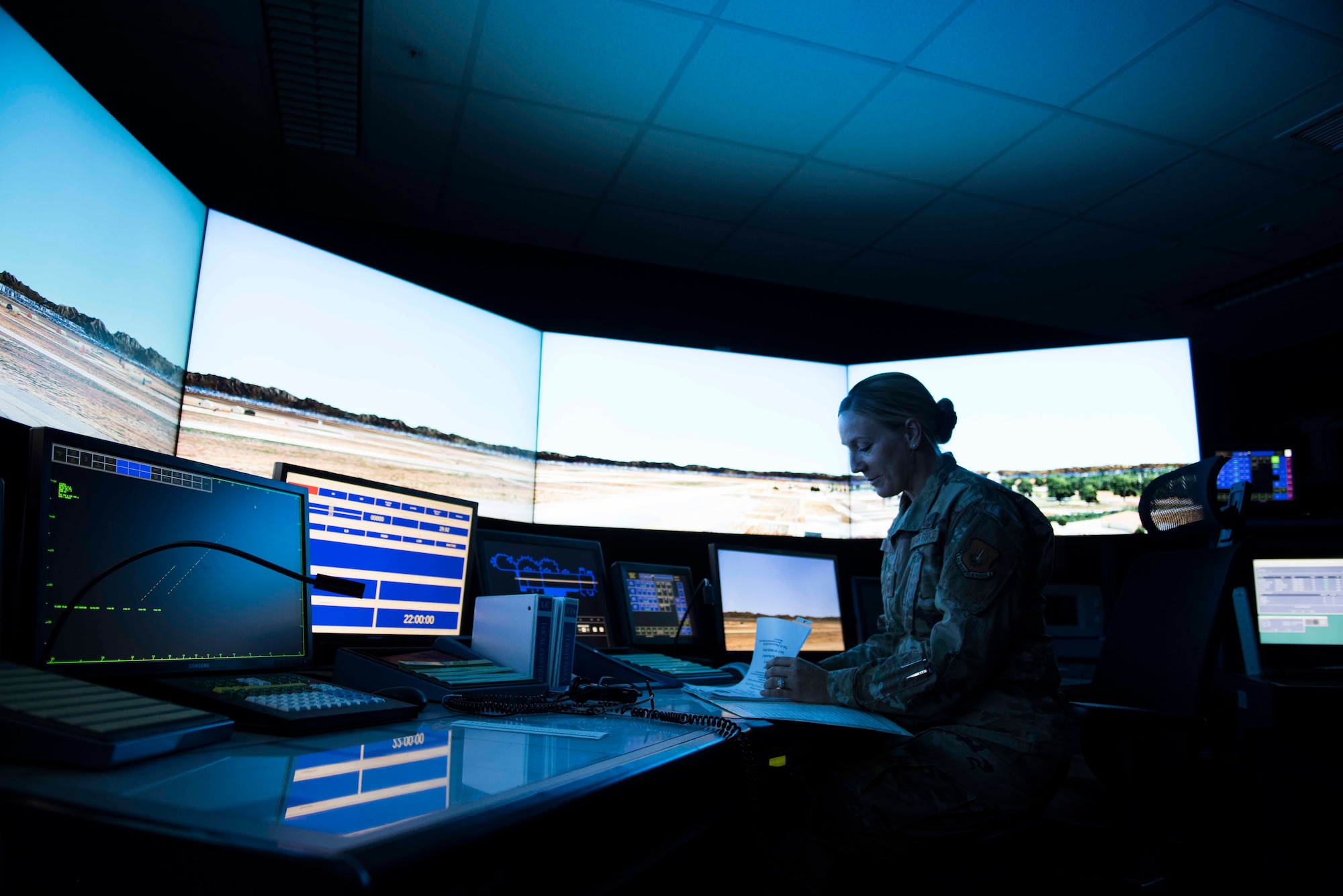 U.S. Air Force Senior Master Sgt. Jessica Martin, 39th Operations Support Squadron radar approach and control chief controller, conducts an air traffic control simulation Nov. 25, 2019, at Incirlik Air Base, Turkey. Simulators provide safe and realistic training for air traffic controllers. (U.S. Air Force photo by Staff Sgt. Joshua Magbanua)