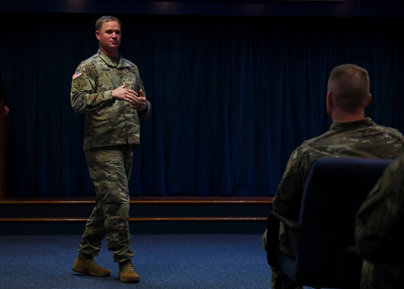 U.S. Army Col. Bryan Morgan, 128th Aviation Brigade commander, speaks during the Instructor of the Year ceremony at Joint Base Langley-Eustis, Virginia, Nov. 21, 2019.