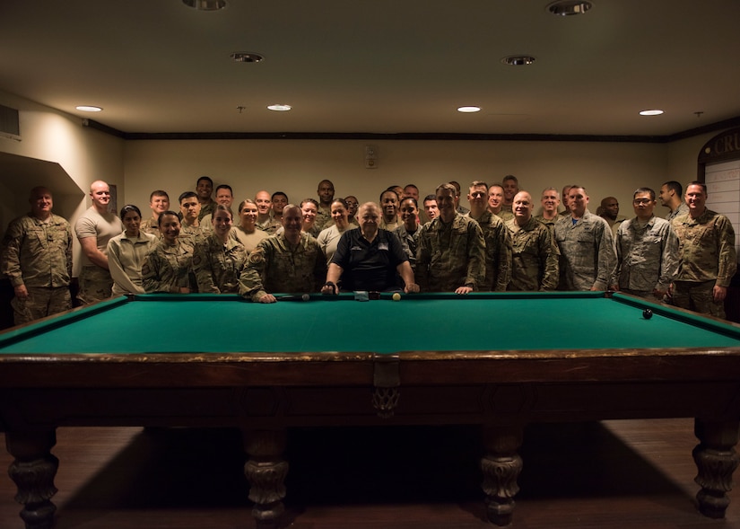 Participants pose for a photo during a crud tournament at Joint Base Langley-Eustis, Virginia, Nov. 15, 2019. Crud is a game that originated in the Royal Canadian Air Force. (U.S. Air Force photo by Airman 1st Class Sarah Dowe)