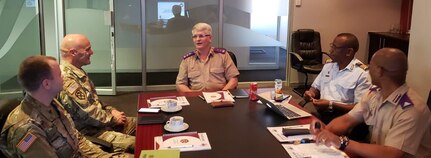 New York National Guard chaplains Maj. Timothy Miller (far left) and Lt. Col. Scott Ehler (left) meet with South African Chief Chaplain Col. R. Stanton, the South African National Defence Force human resources director (center) and South African chaplains Lt. Col. S.E.E. Loate and  Col. Z.A. Makalima in Pretoria, South Africa, Nov. 25, 2019. The New York National Guard and the South African National Defence Force have had a National Guard State Partnership Program relationship since 2003.