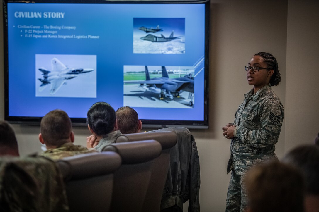 Tech. Sgt. Brandy Brown, religious affairs Airman, 932nd Airlift Wing Chaplain’s Office, shares her Airman’s Story with Wing leadership during the the Wing Review meeting, Nov. 15, 2019. Each month before the unit training assembly a Citizen Airman shares some facts about their Air Force career,  civilian life, and goals within the Air Force Reserve. (U.S. Air Force photo by Christopher Parr)