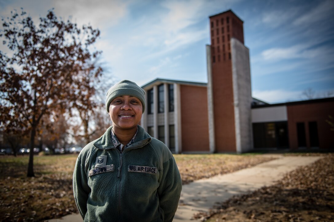 Tech. Sgt. Brandy Brown, religious affairs Airman, 932nd Airlift Wing Chaplain’s Office, poses for a photo outside of Scott Air Force Base's Chapel 1 Nov. 16, 2019. Brown supports Airman's religious accommodations during unit training assemblies and assists with worship services.  (U.S. Air Force photo by Christopher Parr)