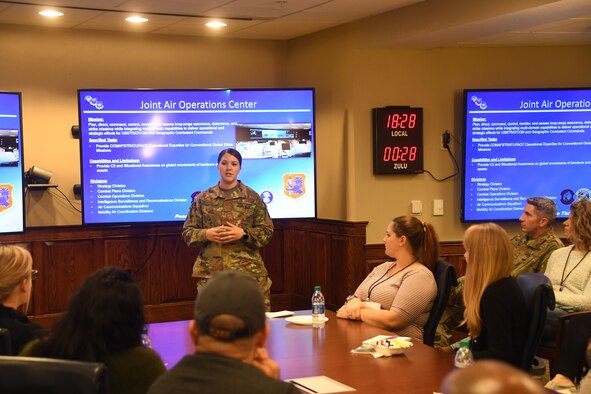 Senior Airman Melissa Carlier, a member of the 608th Air Operations Center ISR division, describes her unit's mission and role within bomber operations during a spouses' orientation at headquarters 8th Air Force, Barksdale AFB, La., Nov. 18, 2019. More than 30 military spouses received an immersion briefing, toured the different centers and met with local leadership. “The commitment and sacrifice it takes to be a military spouse is an honorable quality," said Chief Master Sgt. Melvina Smith, 8th Air Force command chief and J-GSOC senior enlisted leader. "They provide an incomparable level of support, which ultimately affects unit readiness, personal resilience and quality of life.”