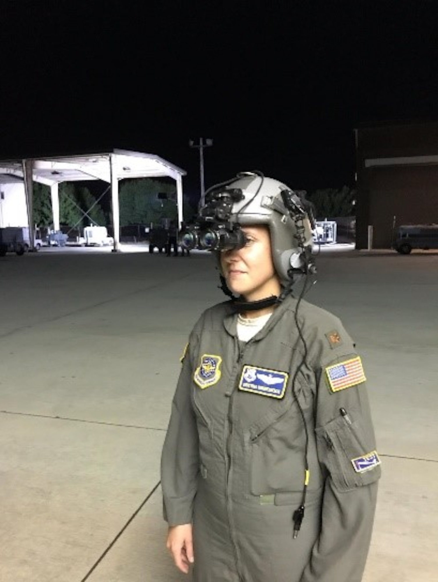 Maj. Kristina Himmelreich, C-17 Globemaster pilot, and Tech. Sgt. Chris Olmsted, crew chief, from the Joint Base McGuire-Dix-Lakehurst, Air Mobility Command Test Evaluation Squadron, supported the project by evaluating Advanced Flightline Power and Light System’s LED impact on aircrew night vision goggles. (U.S. Air Force photo/Master Sgt. John Bono)