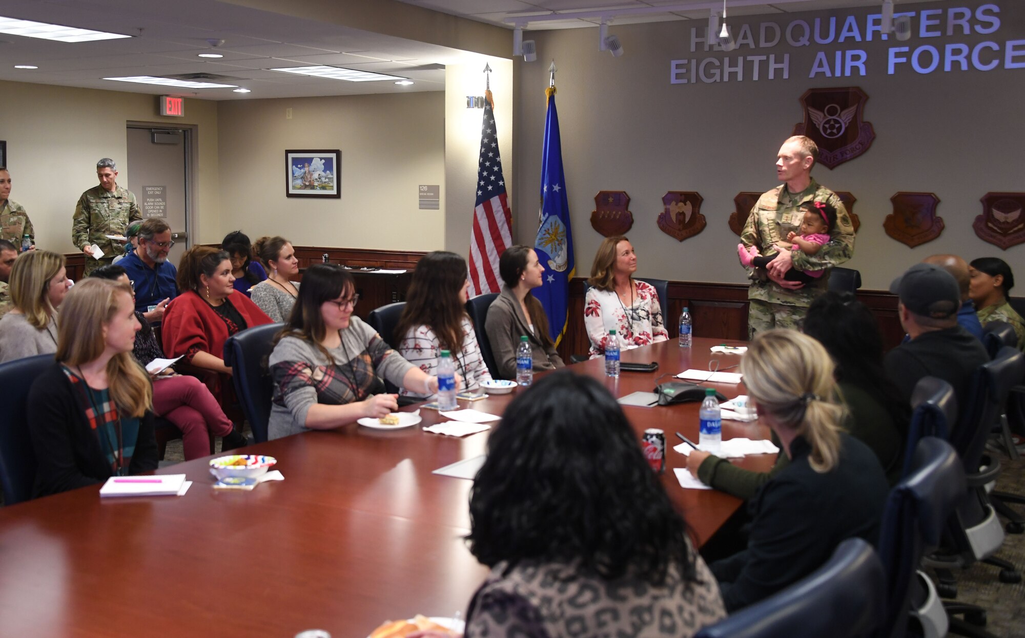 U.S. Air Force Maj. Gen. James Dawkins, Jr., 8th Air Force and Joint-Global Strike Operations Center commander, welcomes more than 30 military spouses to the unit's first Spouses' Orientation at headquarters 8th Air Force, Barksdale AFB, La., Nov. 18, 2019. Spouses received a mission immersion, toured the different J-GSOC centers and gained a firsthand look at the contributions of their military spouses. The event was held to promote communication and shared knowledge within the Airmen’s home lives.