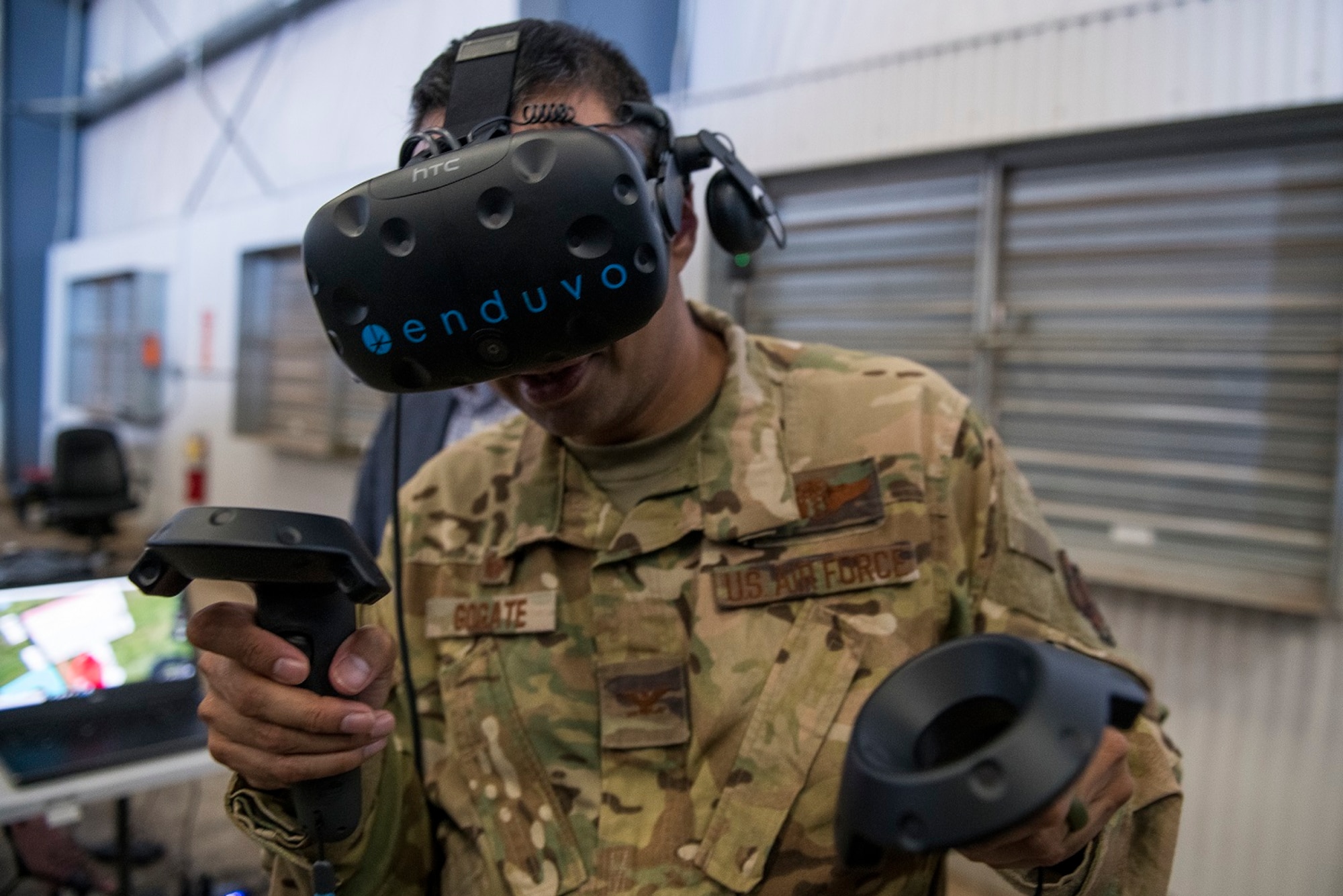 Col. Sanjay A. Gogate, 27th Special Operations Medical Group commander, uses the Enduvo virtual reality system during the Medic Rodeo at Cannon Air Force Base, N.M., Sept. 17, 2019. The Enduvo system was set up during the event to allow medical Airmen the chance to interact with their virtual reality medical lessons. (U.S. Air Force photo by Senior Airman Vernon R. Walter III)