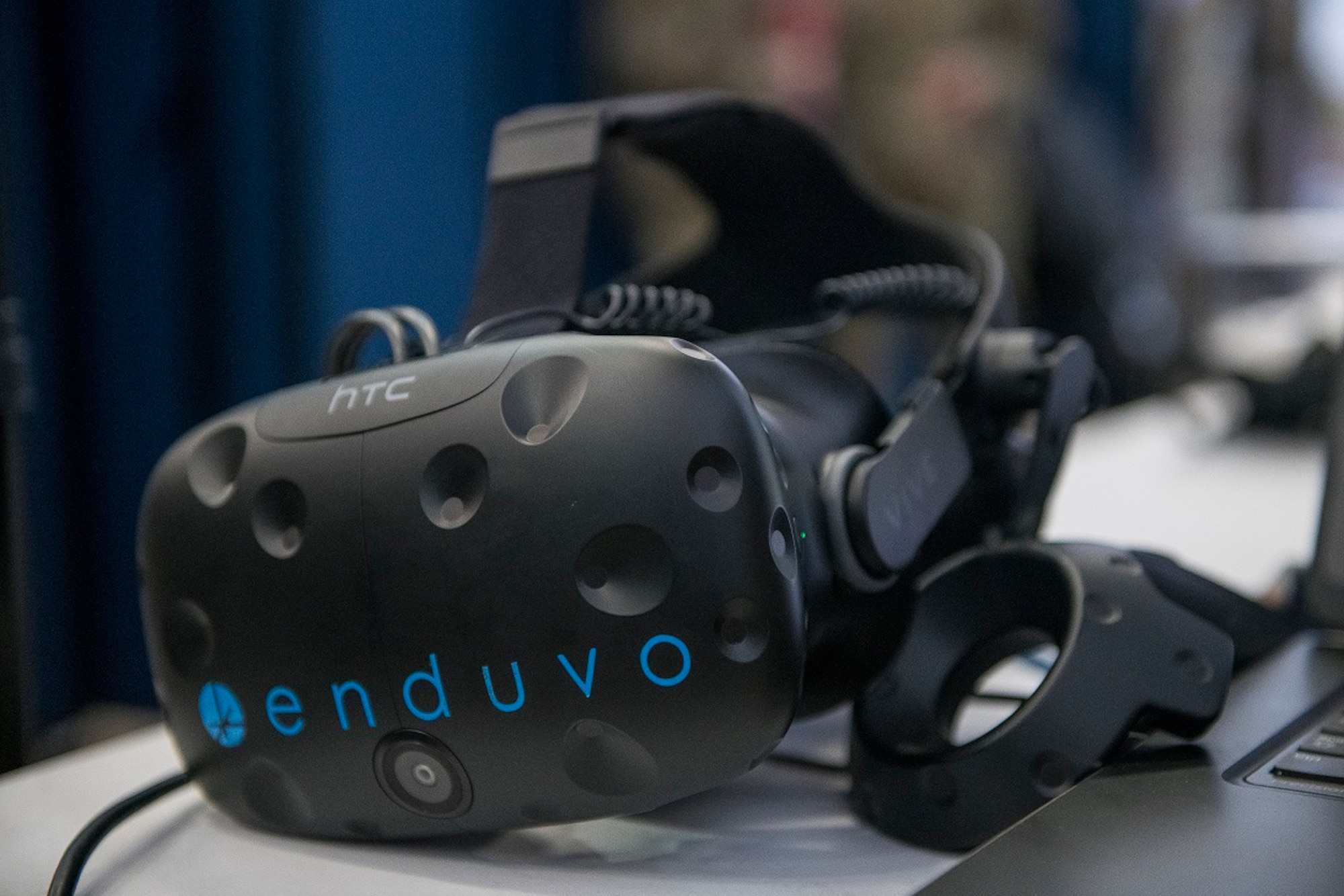 A virtual reality system using the Enduvo software sits on a table during the Medic Rodeo at Cannon Air Force Base, N.M., Sept. 17, 2019. The Enduvo system was set up during the event to allow medical Airmen the chance to interact with their virtual reality medical lessons. (U.S. Air Force photo by Senior Airman Vernon R. Walter III)