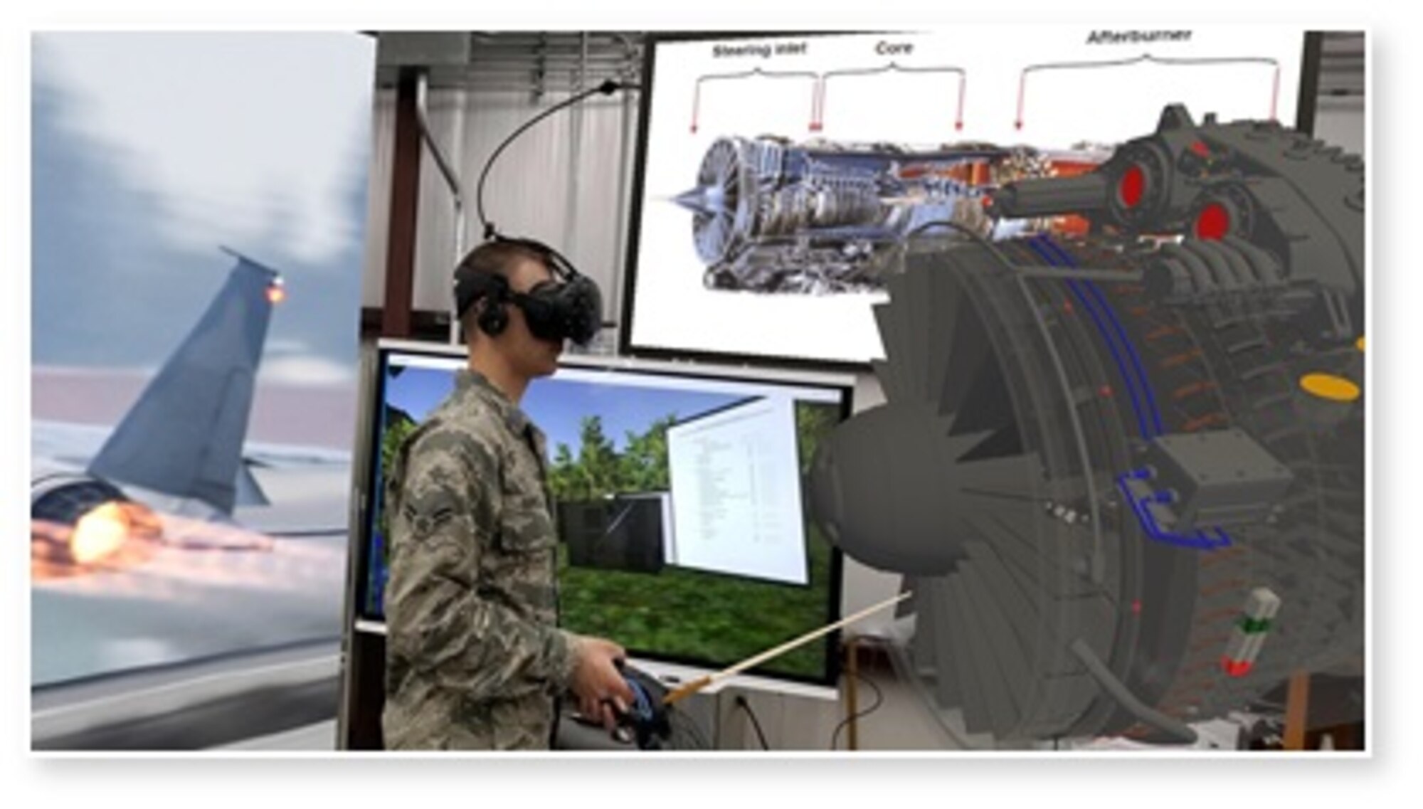 An Airman uses the Enduvo system to view an aircraft engine. The graphic shows what the Airman would be seeing in virtual reality. (Courtesy Graphic from Enduvo)
