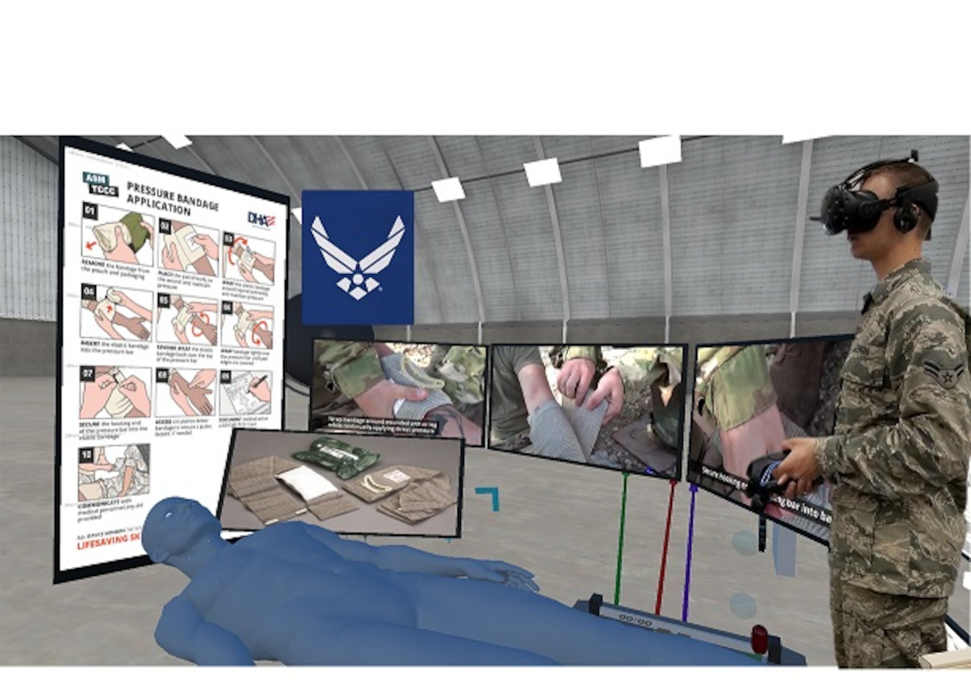 An Airman uses the Enduvo system to view medical lesson in virtual reality. The graphic shows what the Airman would be seeing in virtual reality. (Courtesy Graphic from Enduvo)