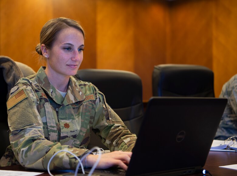 Maj. Kaylynn Foulon, Air Force Legal Operations Agency circuit trial counsel, leads a training for Air Force lawyers at Schriever Air Force Base, Colorado, Dec. 4, 2019. Foulon is a reservist at Andrews AFB, Maryland, and a federal trial attorney who prosecutes child sexual abuse cases for the Department of Justice as a civilian. (U.S. Air Force photo by Airman 1st Class Jonathan Whitely)