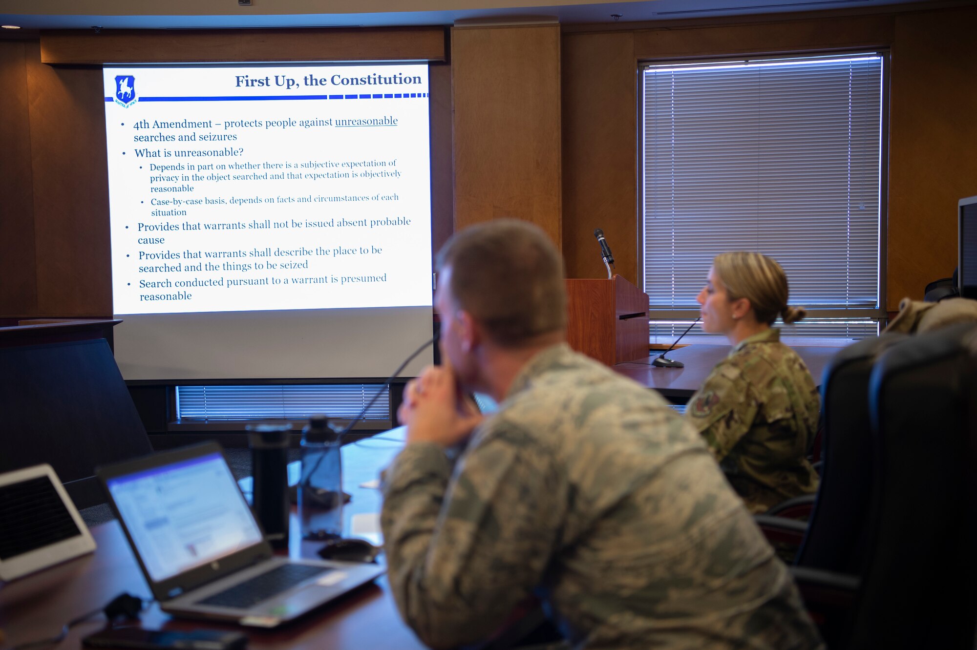 Judge advocate generals participate in a training at Schriever Air Force Base, Colorado, Dec. 4, 2019. The training lasts two days and covers topics such as trial preparation and resources to vicious trauma cases. (U.S. Air Force photo by Airman 1st Class Jonathan Whitely)
