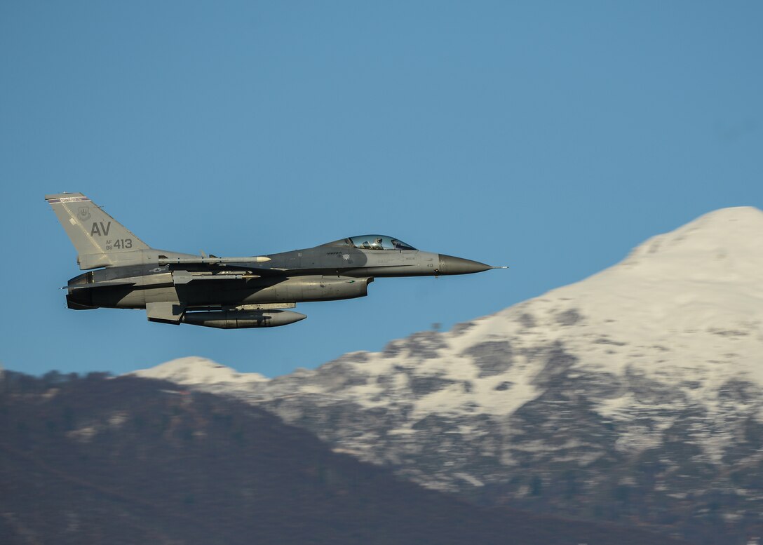 A U.S. Air Force F-16 Fighting Falcon from the 510th Fighter Squadron flies at Aviano Air Base, Italy, Dec. 3, 2019. The F-16 Fighting Falcon is a compact, multi-role fighter aircraft that is highly maneuverable and has proven itself in air-to-air combat and air-to-surface attack. (U.S. Air Force photo by Airman Thomas S. Keisler IV)