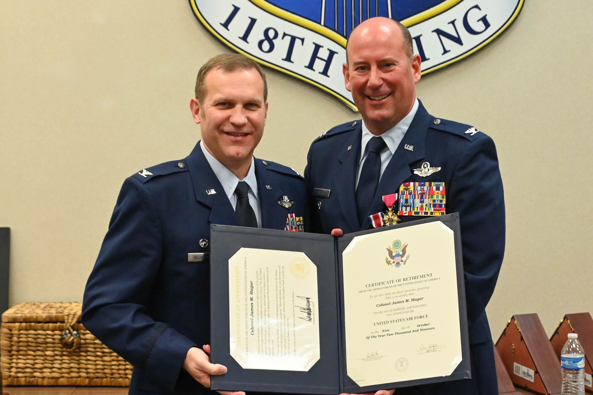 Col. James "Marty" Hagar celebrates the occasion of his retirement from the Tennessee Air National Guard at Berry Field Tennessee Air National Guard Base in Nashville, Tenn. on Nov. 2, 2019.