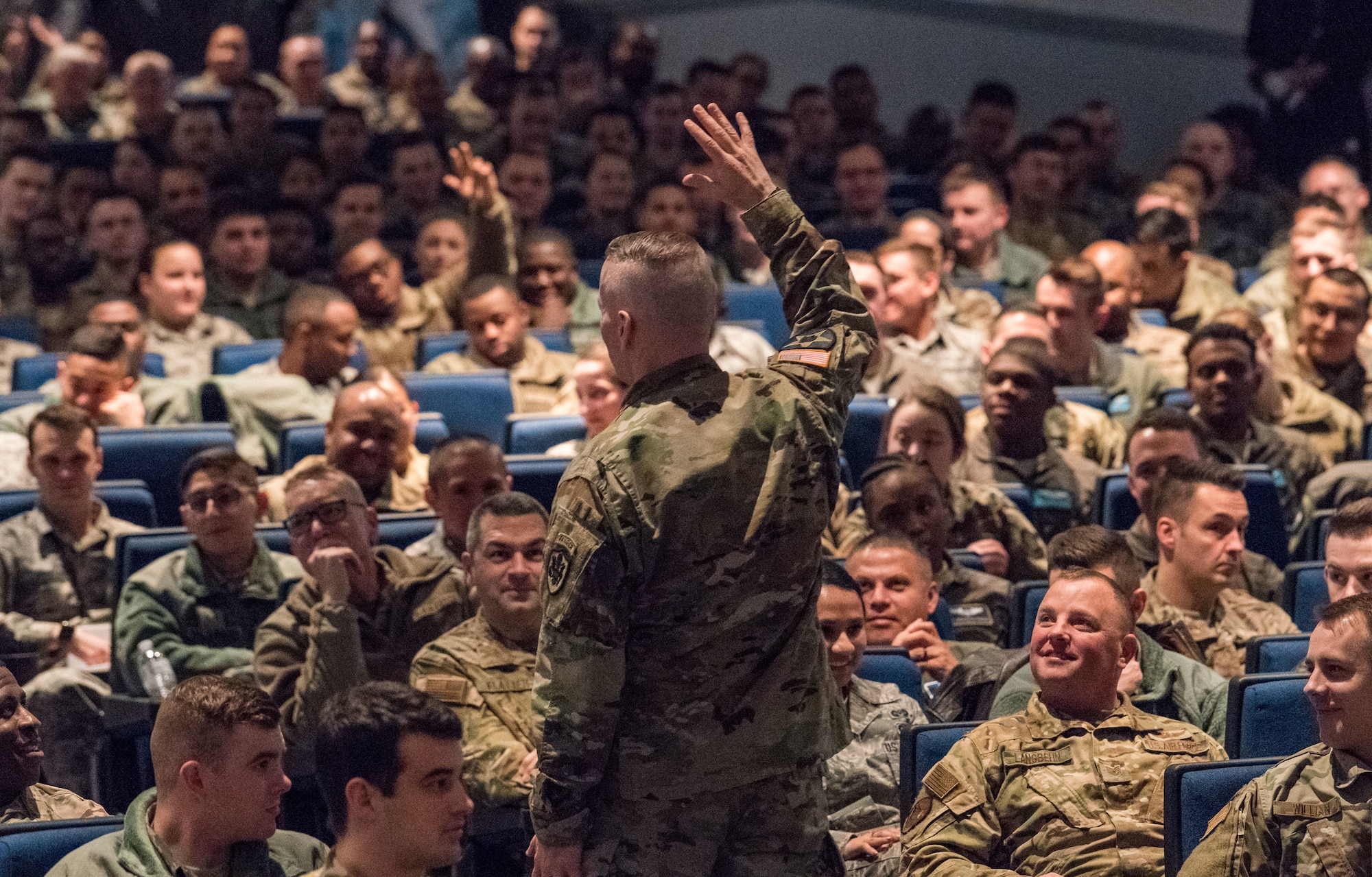 Army Command Sgt. Maj. John Wayne Troxell, senior enlisted advisor to the chairman of the Joint Chiefs of Staff, speaks to Team Dover members during an all call Dec. 3, 2019, inside the base theater at Dover Air Force Base, Del. Troxell addressed air mobility’s role in national defense and the importance of readiness during the event. (U.S. Air Force photo by Roland Balik)